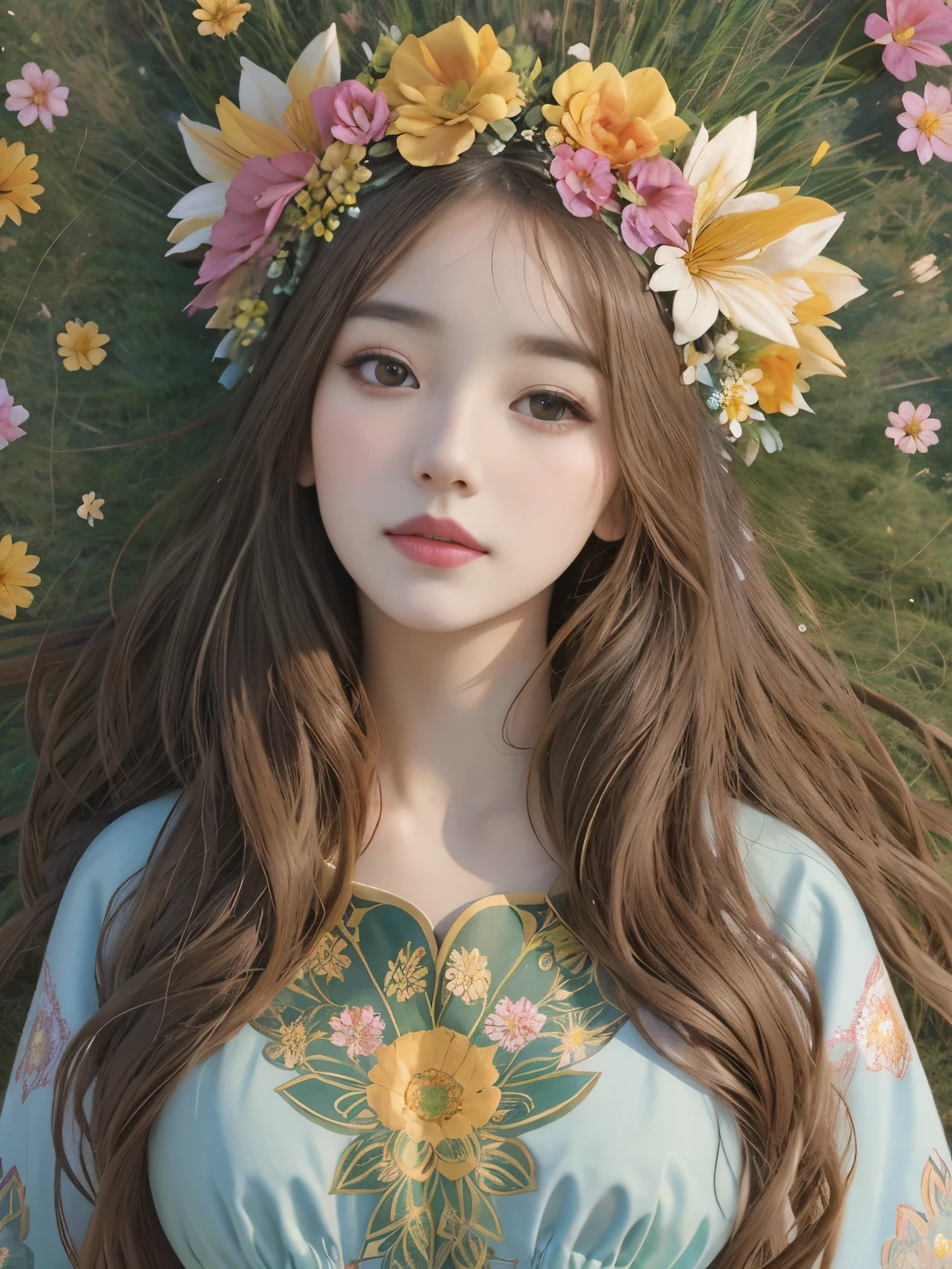 a painting of a woman with a flower crown on her head, flower goddess, woman in flowers, she has a crown of flowers, a goddess in a field of flowers, covered with flowers, mucha klimt and tom bagshaw, girl in flowers, persephone in spring, flower queen, goddess of spring, jinyoung shin art, female portrait with flowers