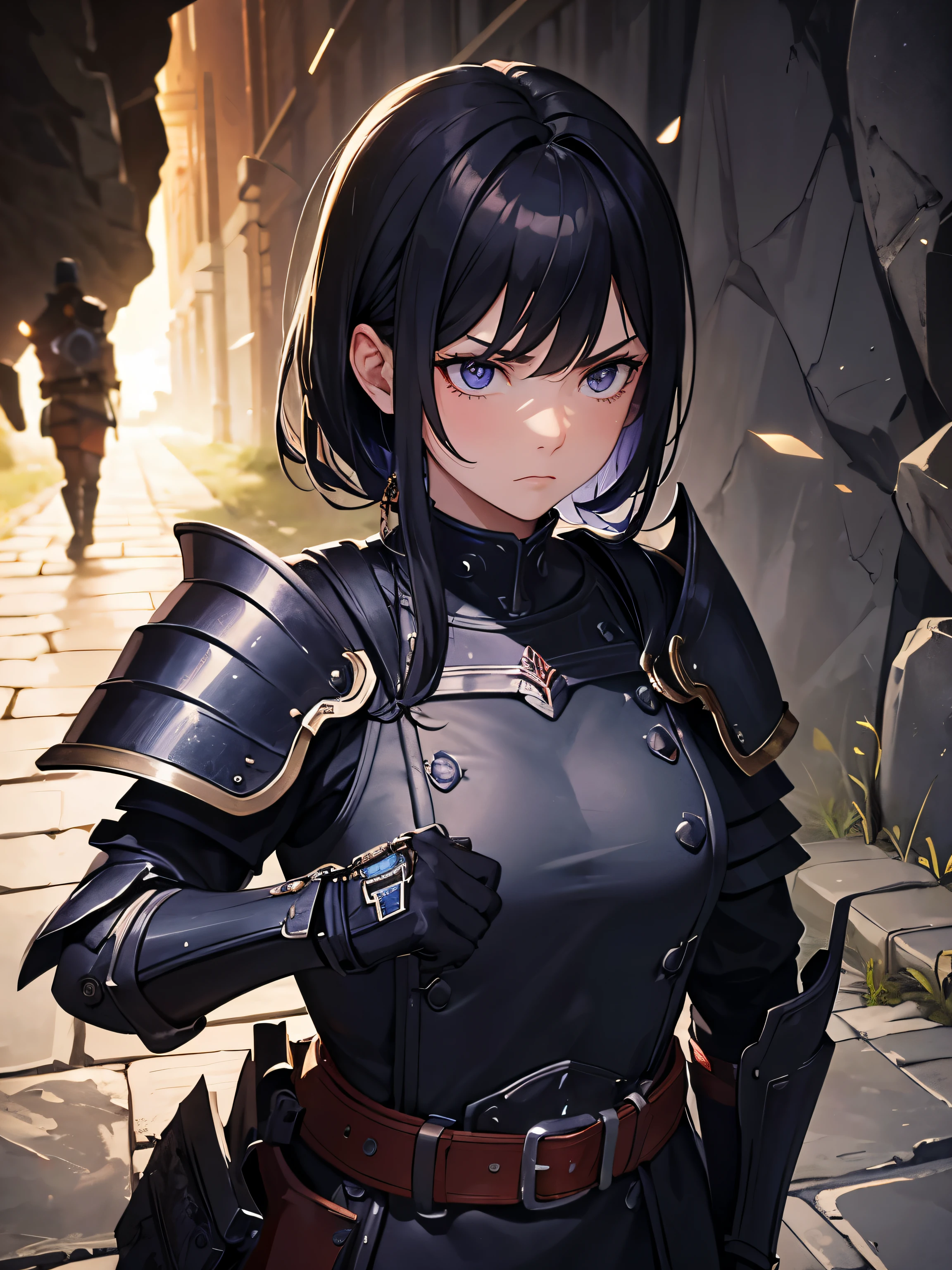 Masterpiece, close up, stone brick, underground, cavern, woman, standing, soldier, stoic appearance, annoyed expression, black hair, samurai armour, chestplate, shoulder plates, gauntlets, black armour, purple belt