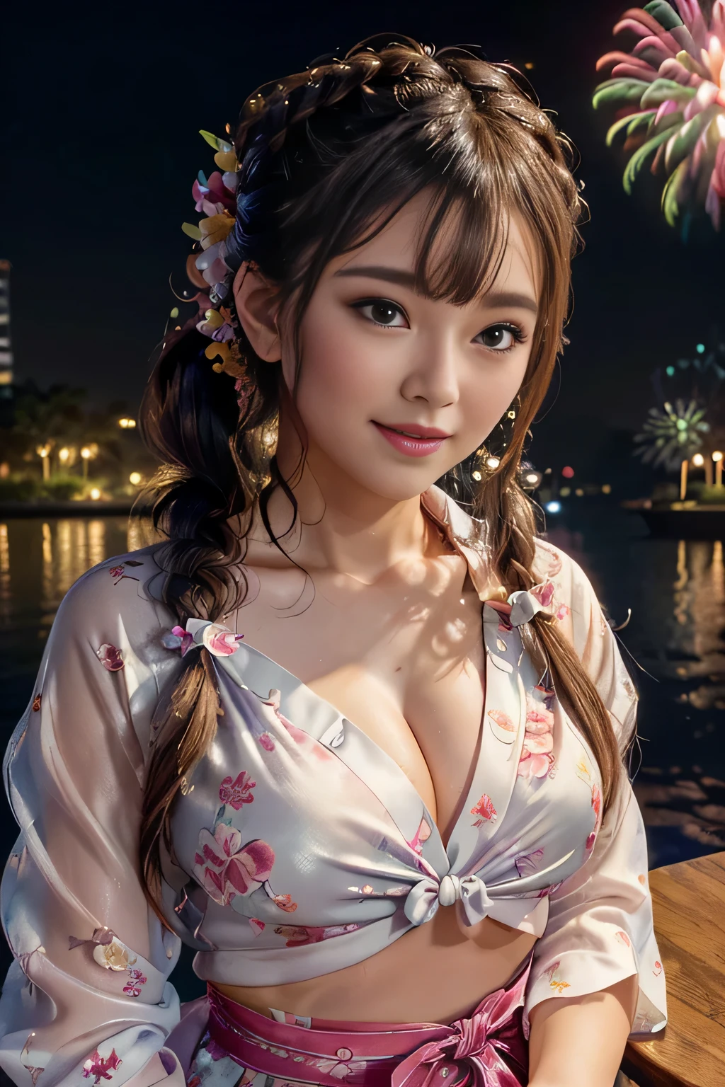 (beautiful mature adult woman),(flower hair ornament,floral braided top knot,twisted side part ponytail,floral braided headband,half up、floral braided space buns,voluminous fishtail braid,Twisted pan,),(The bangs are see-through bangs),very delicate and beautiful hair,(((emphasize the chest:1.3))),(dynamic angle),(dynamic and sexy pose),laughter、Looking back wearing a floral yukata isolated on white background、Fireworks being launched into the sky against the backdrop of the riverbank at night.、cute round face,,(table top,highest quality,Ultra high resolution output image,) ,(8K quality,),(sea art 2 mode.1),(Image mode Ultra HD,)
