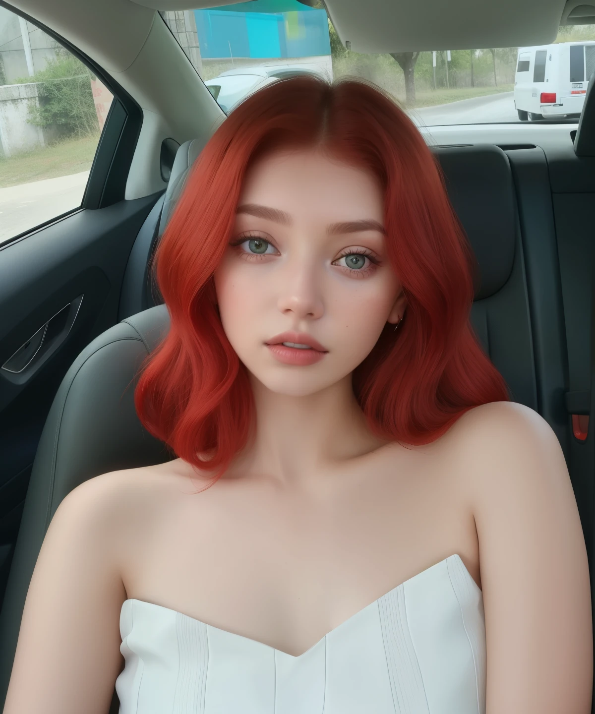 Mujer arafed con un vestido blanco sentada en un auto., amoranto, better known as amoranto, eleanor tomlinson, cabeza roja, Con cabello rojo and green eyes, with pale skin, diosa pelirroja, ella tiene el cabello rojo, pelo rojo y rasgos atractivos, young beautiful amoranto, Con cabello rojo, con pelo rojo rizado, Yelena Belova