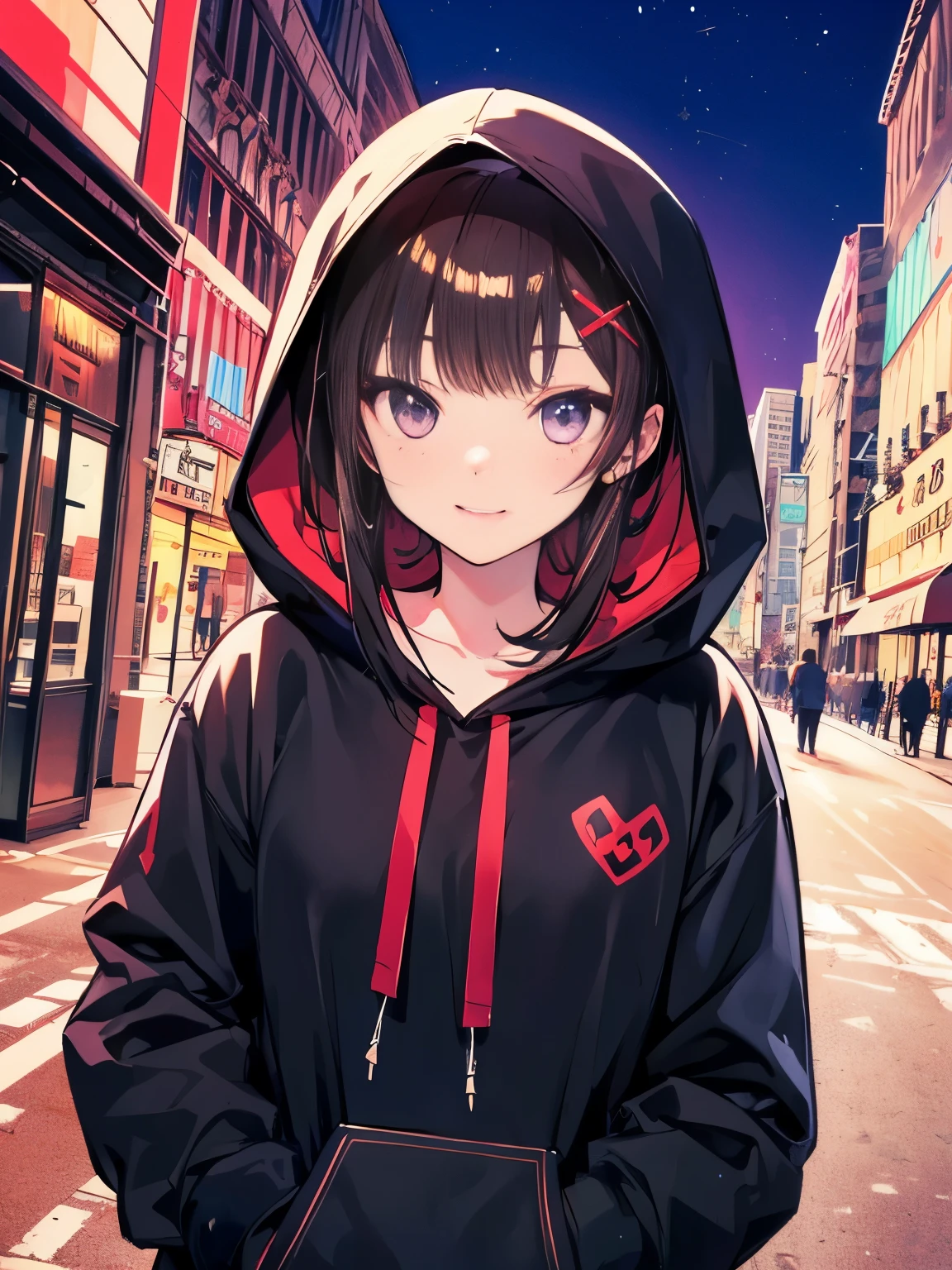 1 girl、vivid colors、A sparkling smile、brown long hair、red ribbon、red-purple eyes、、shiny hair、beautiful skin、One fine day、((Streets of New York))、wearing the hood of a hoodie、
