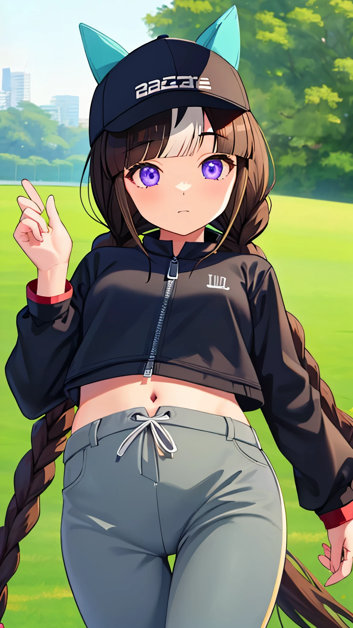 Highquality,1girl,Hokko Tarumae,hair bow, official alternate costume, baseball cap, ears through headwear, black headwear, black jacket, zipper, long sleeves, crop top, grey pants