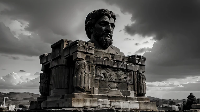 A dark landscape image of an ancient greek society deeply connected to stoicism, black and white, ancient greek architecture, include one single big statue of a stereotypical strong greek man, marcus aurelius