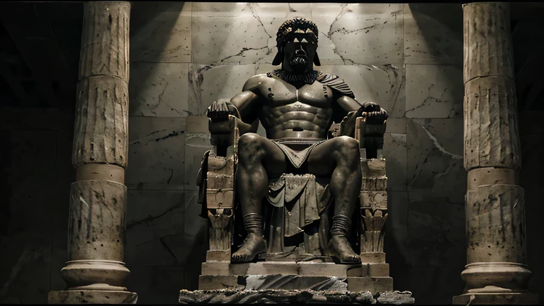 
A dark landscape image of an ancient greek society deeply connected to stoicism, black and white, ancient greek architecture, include one single big statue of a stereotypical strong greek man, marcus aurelius