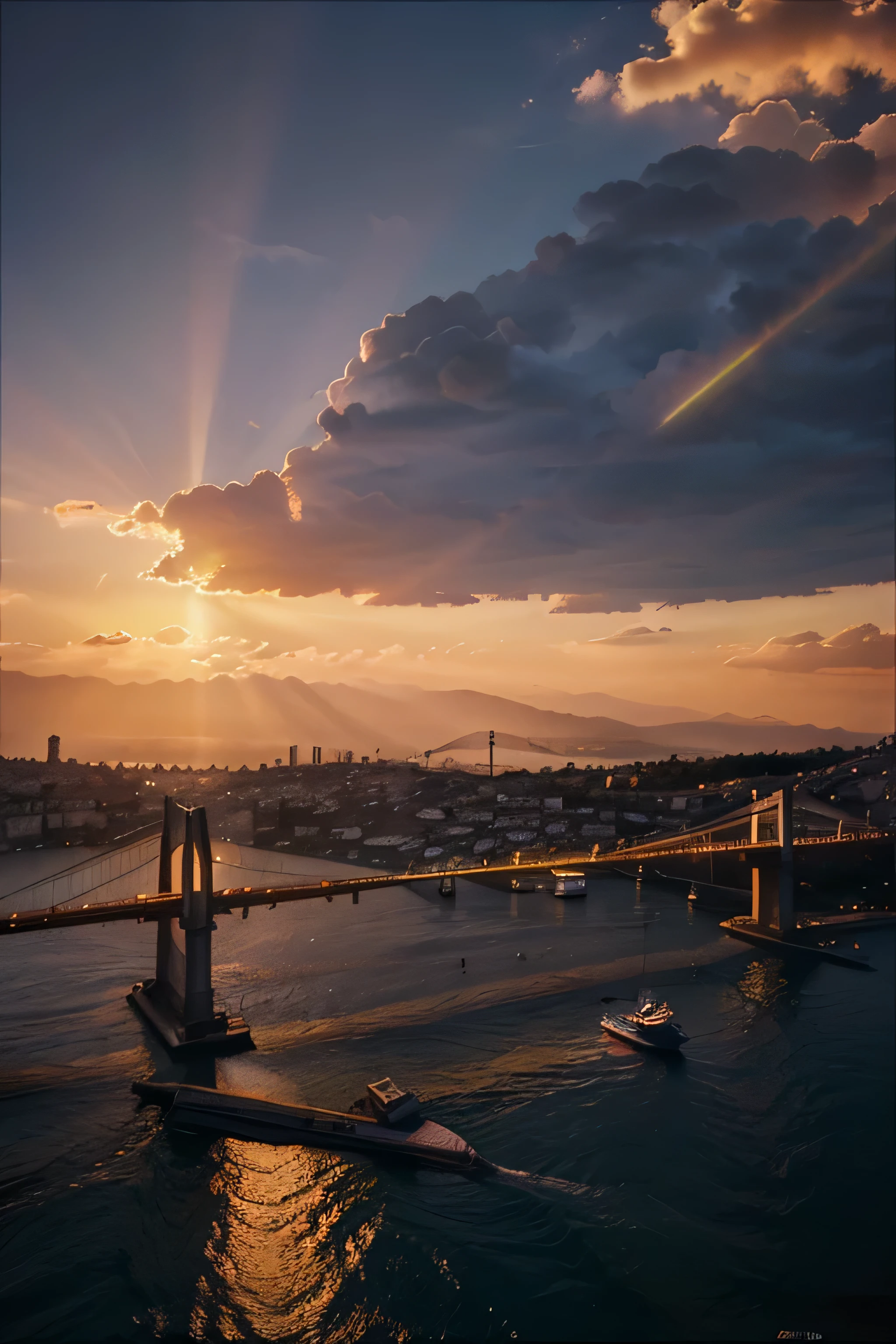 
"The sunset view, bathed in neon hues, with the sun shining fiercely, its rays casting a vibrant glow across the Bosporus from the bridge, devoid of any individuals in the frame."