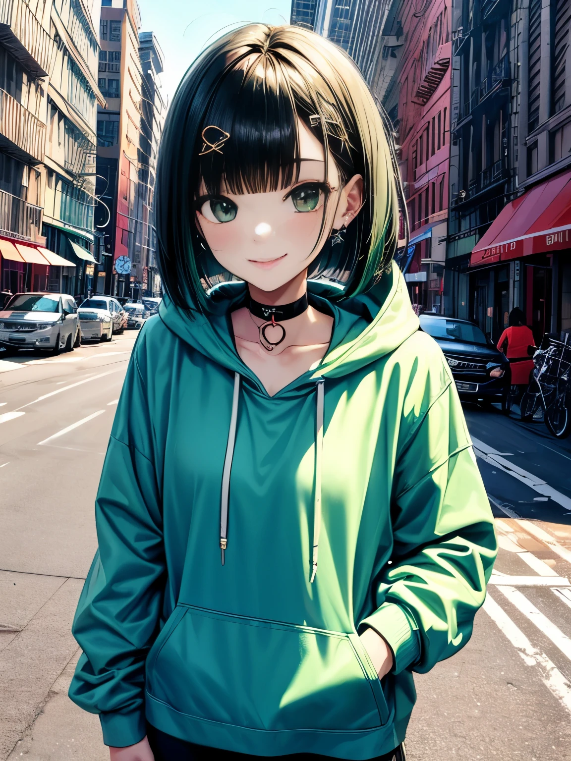 1 girl、vivid colors、A sparkling smile、bangs、black short bob、cute girl、green eyes、choker around neck、、shiny hair、beautiful skin、One fine day、((Streets of New York))、wearing the hood of a hoodie、