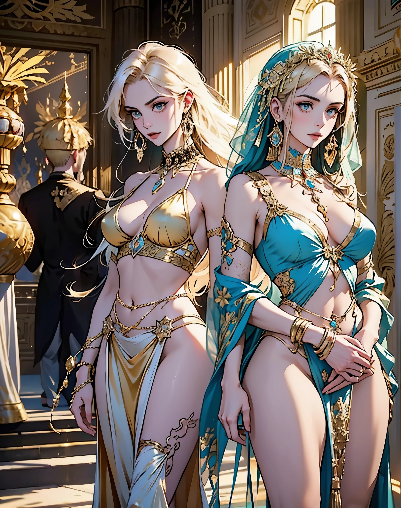 "Courtesans of the Achaemenid Empire, in their resplendent attire, embodying the opulence and cultural richness of one of history's greatest empires, adorned in luxurious fabrics and intricate jewelry, their beauty and elegance a testament to the sophisticated aesthetics of the Achaemenid period, set against the backdrop of a majestic Persian palace, in a photorealistic image, capturing the grandeur and historical depth, full body shot, 85mm lens, golden hour lighting to accentuate the intricate details of their attire and the architectural beauty, high resolution 8K, showcasing the blend of power, culture, and beauty (opulence and cultural richness:1.3), (Achaemenid aesthetics:1.2), (golden hour lighting:1.25)"