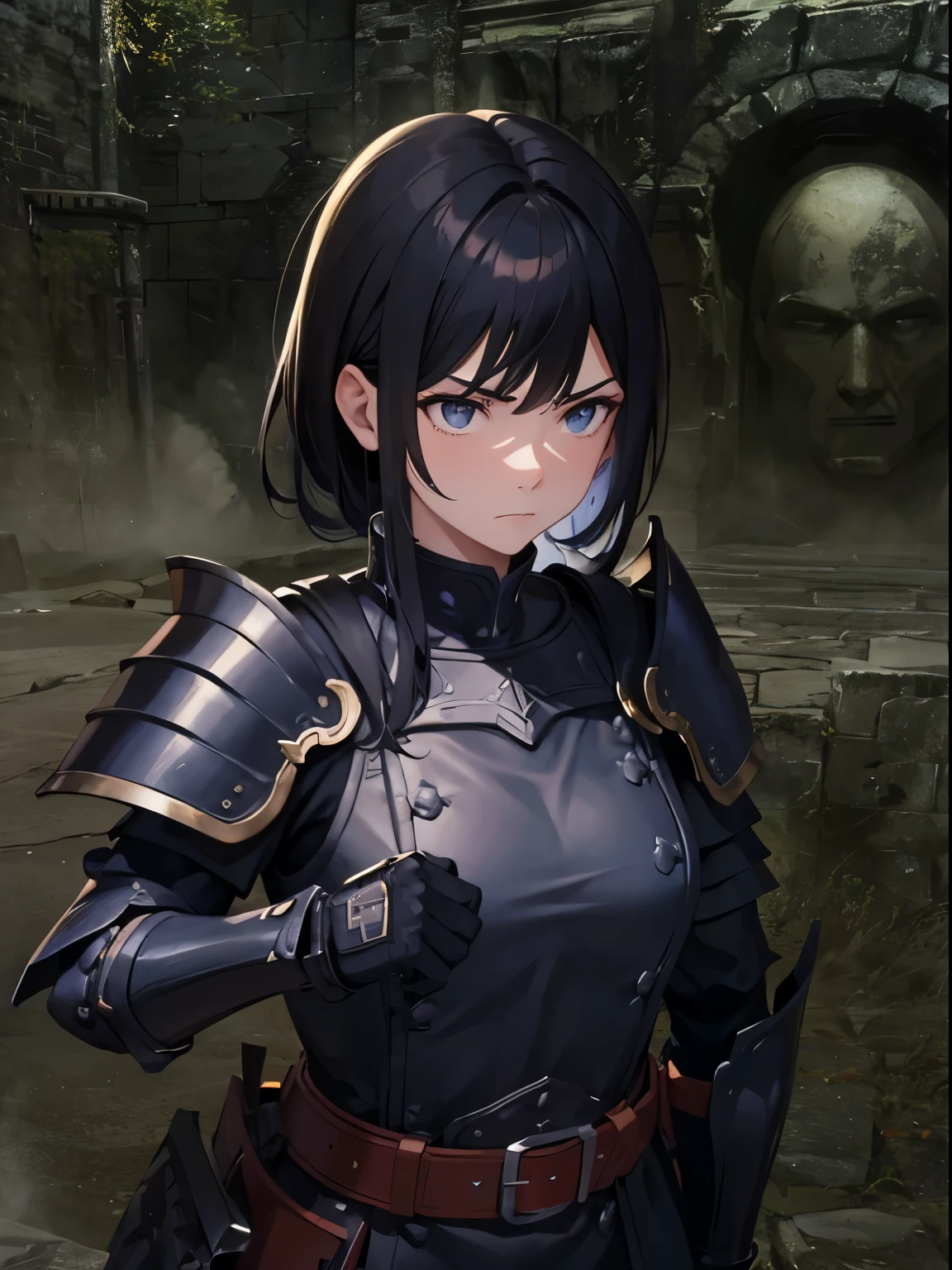 Masterpiece, close up, stone brick, underground, cavern, woman, standing, soldier, stoic appearance, annoyed expression, black hair, samurai armour, chestplate, shoulder plates, gauntlets, black armour, purple belt