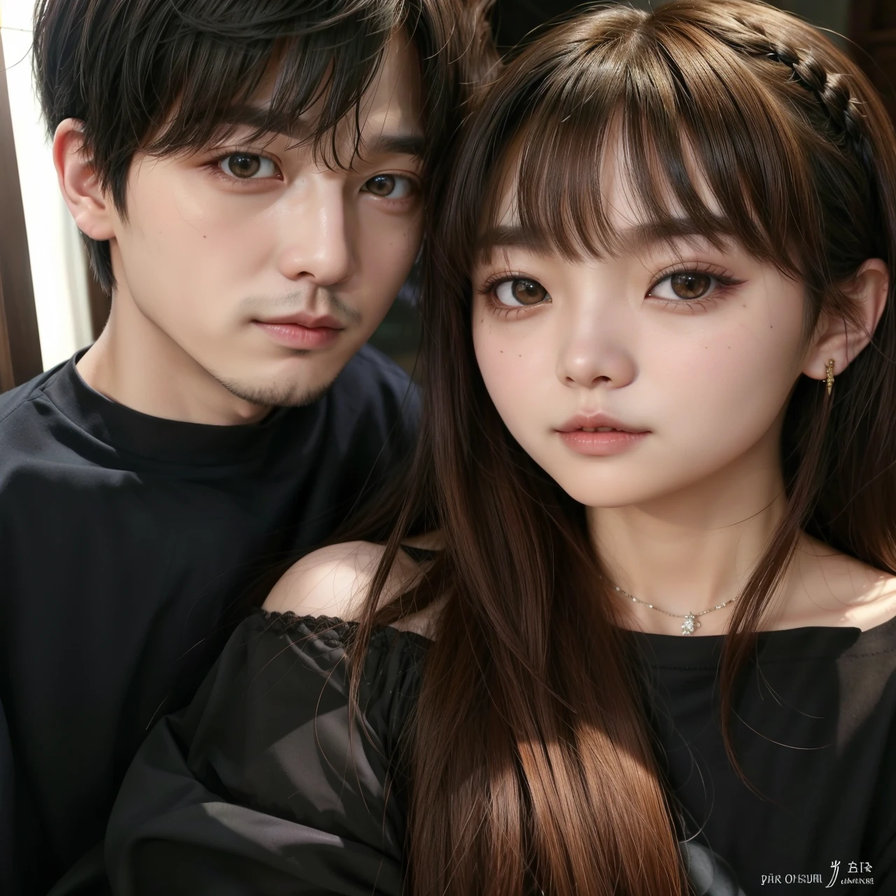 araffes com cabelos longos e camisa preta posando para uma foto, Kim jennie, o corte Hime, it's pixivs and jeon jungkook, jungkook e jennie, Jeon jungkook, It's Junji's style, neat hair Com franja, Com franja