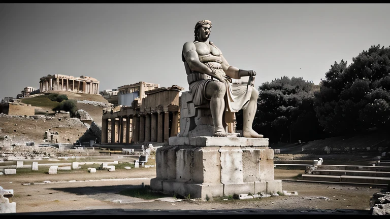 A dark landscape image of an ancient greek society deeply connected to stoicism, ancient greek architecture, include one single big statue of a stereotypical strong greek man, marcus aurelius, also make it black and white