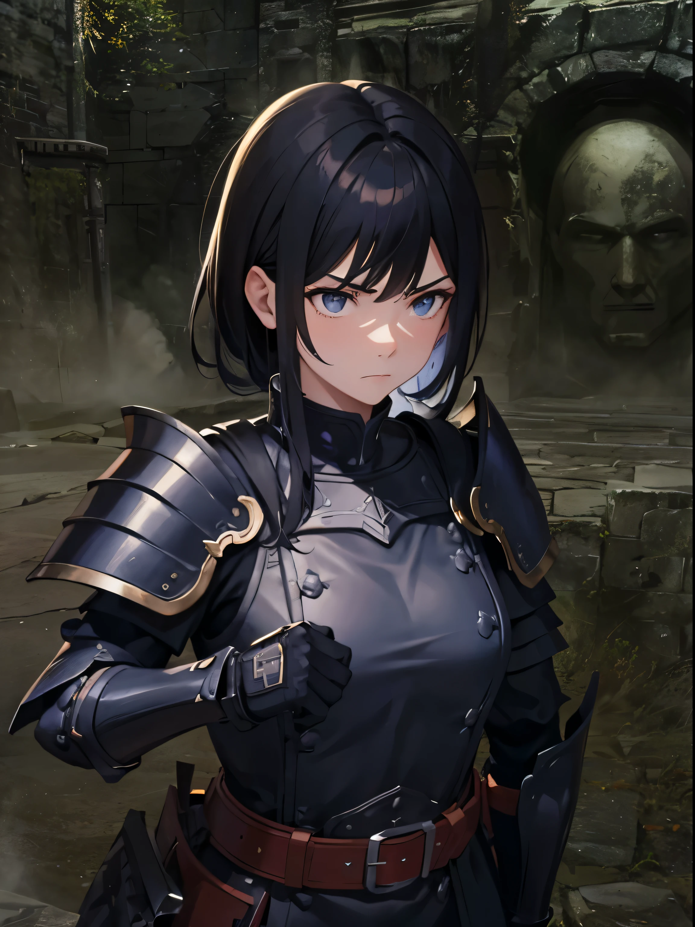 Masterpiece, close up, stone brick, underground, cavern, woman, standing, soldier, stoic appearance, annoyed expression, black hair, samurai armour, chestplate, shoulder plates, gauntlets, black armour, purple belt