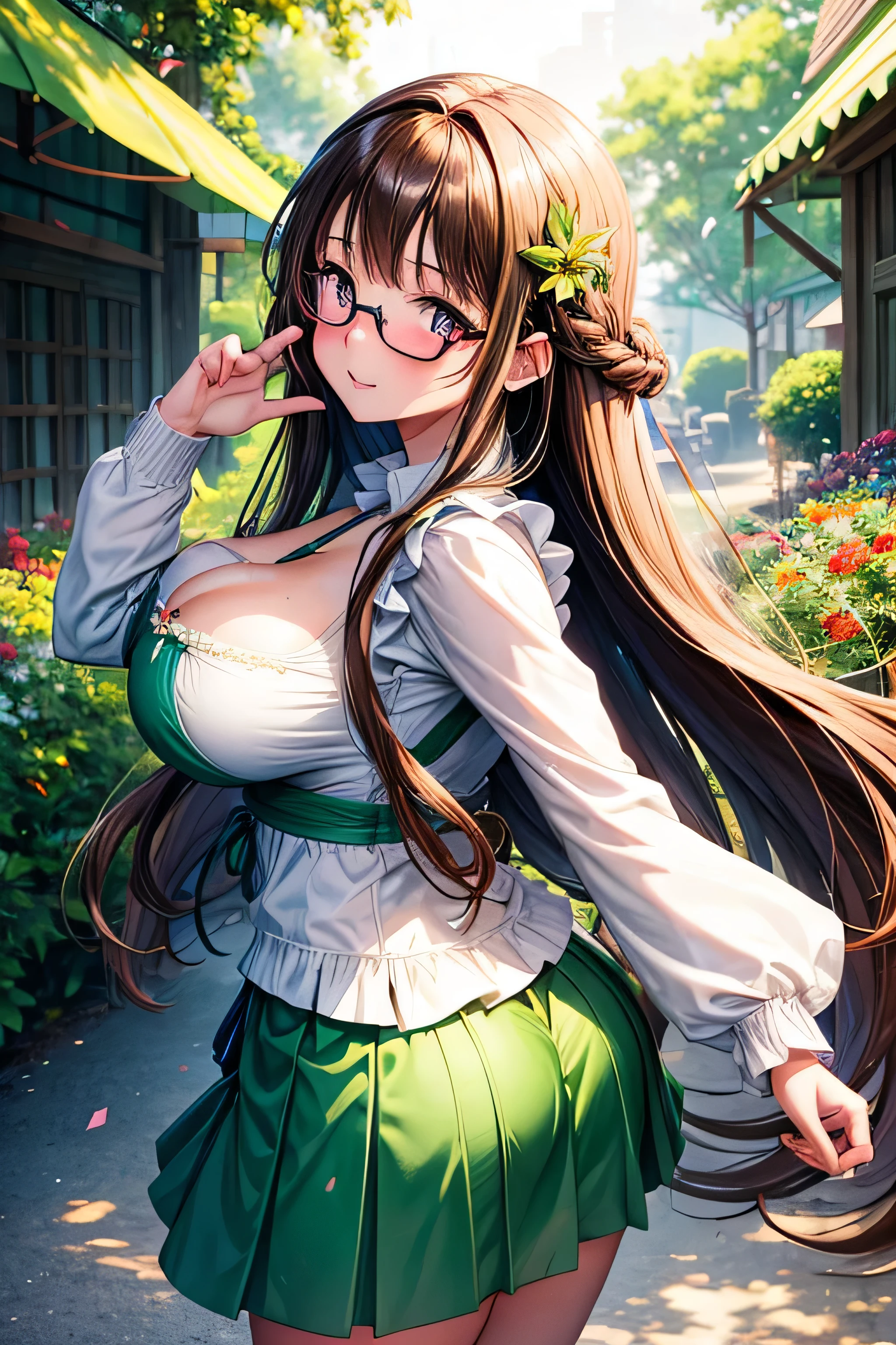 High resolution, high quality, 1 girl, anime girl, brown long hair, brown eyes,heart-shaped pupil, green glasses, tanned skin, big breasts,beautiful breasts, (big ass),beautiful butt,Aqua Cardigan,green dirndl skirt,walk,[[[Pregnant]]],in the flower field,confetti,