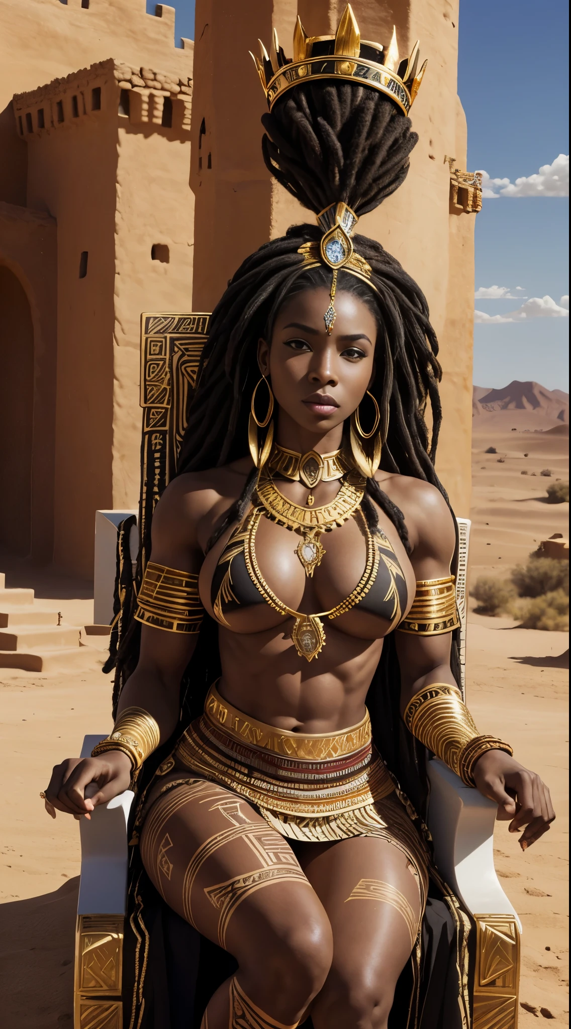 Black woman, African queen, tribal African clothes, muscular feminine body, big tits, in the desert, in the castle, dreadlocks, white hair, Amazon, armor, tribal tattoos on the body, gold tribal crown, sitting on the throne