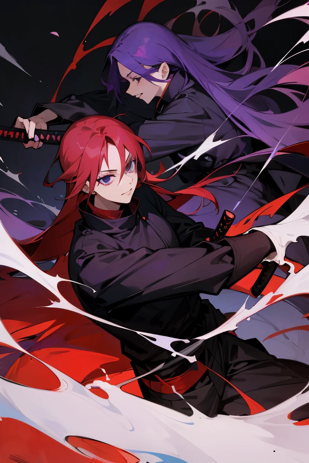 Jujutsu Kaisen art style, Jujutsu Student, red long hair, purple aura, sukuna smile, masterpiece, sister and brother, fight pose, bounty hunter, katana, woman with purple hair,