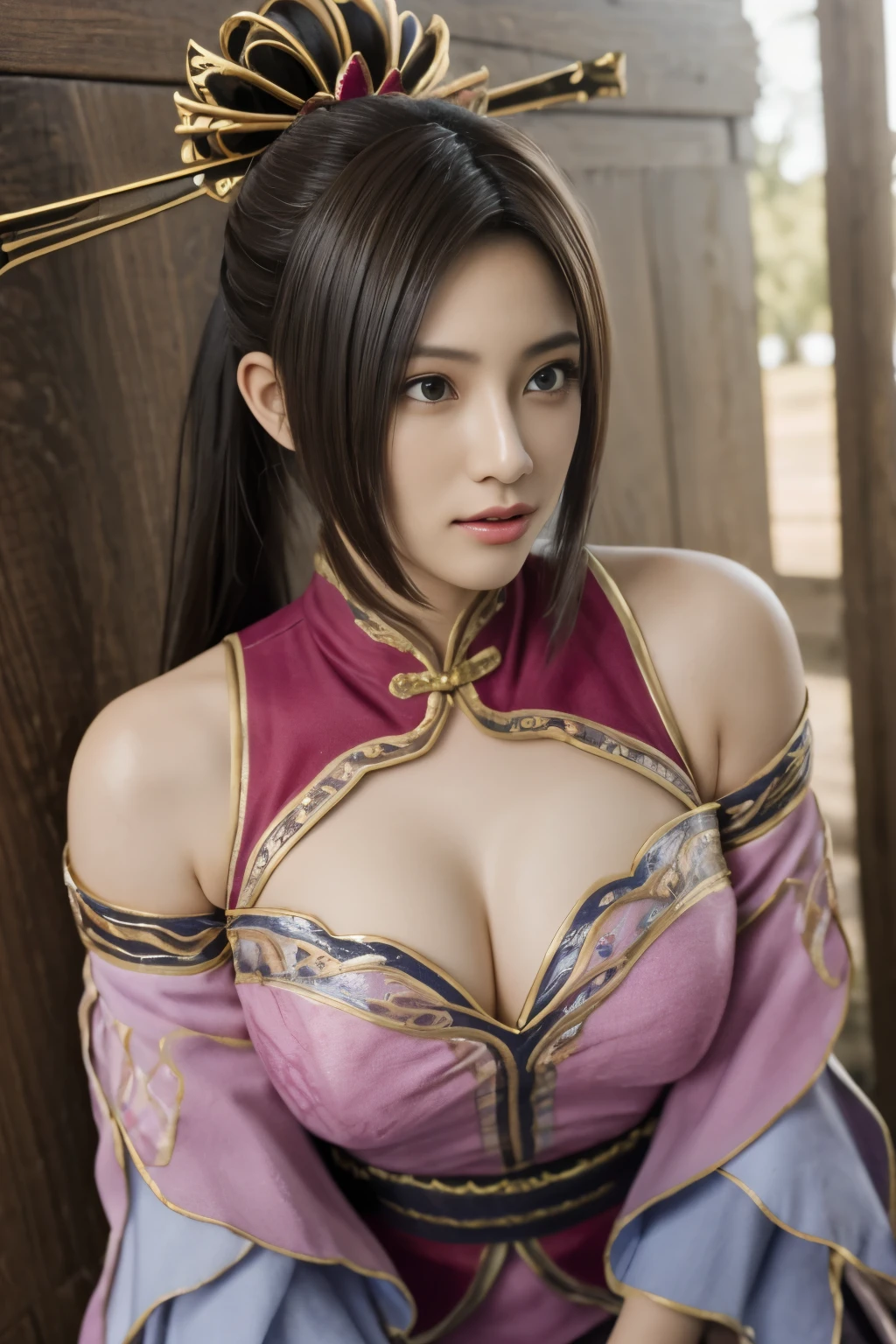 Diaochan from Sangoku Musou 8,(beautiful, highest quality:1.1),noon, bright place,masterpiece, perfect eyes,blue eyes,twin tails,hair ornaments,are wearing costumes,Clothes,Upper body,kneel down,Anguished face,suffering face,panting face、diaochan is mounted by a man,diaochan restrained by men,Men lick my face,hugged by a man,licked by men,diaochan being assaulted by men , reality的な, masterpiece,  (detailed battlefield background), panting face,suffering face, open your mouth,masterpiece、fine eyes、puffy eyes、bright outdoors、highest quality, 超High resolution, (reality: 1.4), movie lighting、Japanese、asian beauty、Korean、超beautiful、beautiful肌、whole body,Upper body、(超reality的な)、(High resolution)、(8k)、(very detailed)、(美しくfine eyes)、(Super detailed)、 (wall-)、detailed face、bright lighting、professional lighting、slanted bangs、brown hair、Nogizaka Idol、