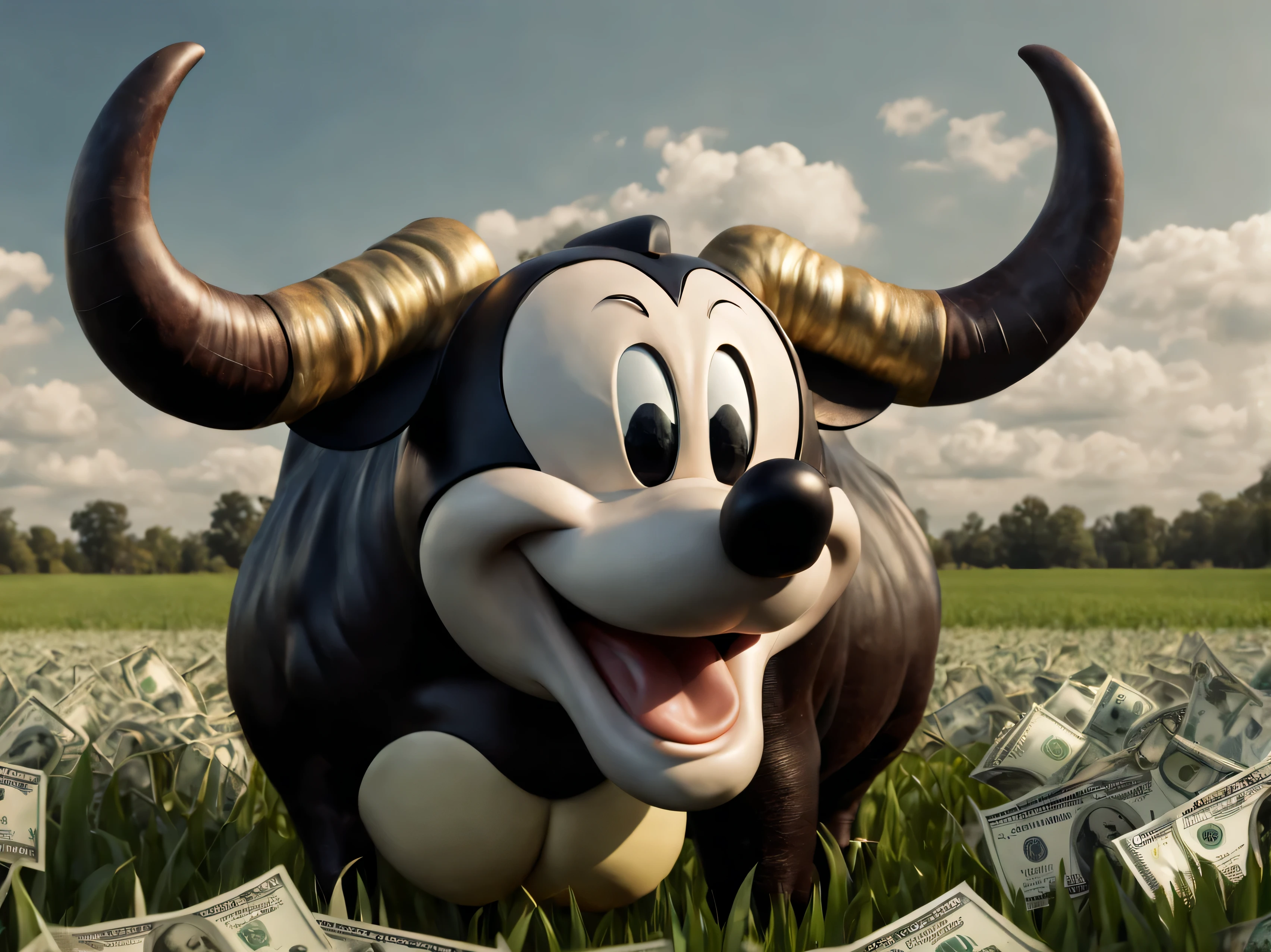 Style of disney pixar (a monstrous cow bull horns with (mickey-mouse-ears)) grazing on dollars in a field of dollars, surreal cinematic detailed high resolution