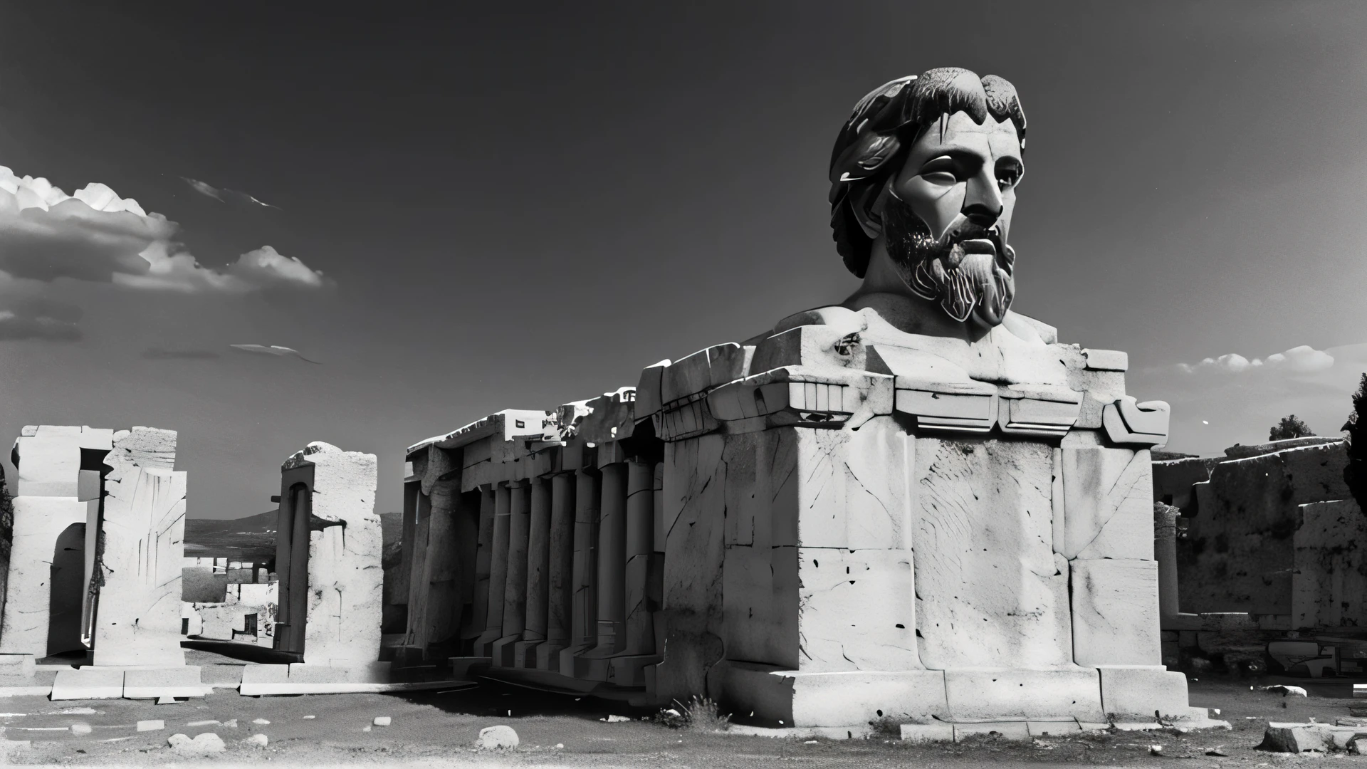 A dark landscape image of an ancient greek society deeply connected to stoicism, black and white, ancient greek architecture, include one single big statue of a stereotypical strong greek man, marcus aurelius