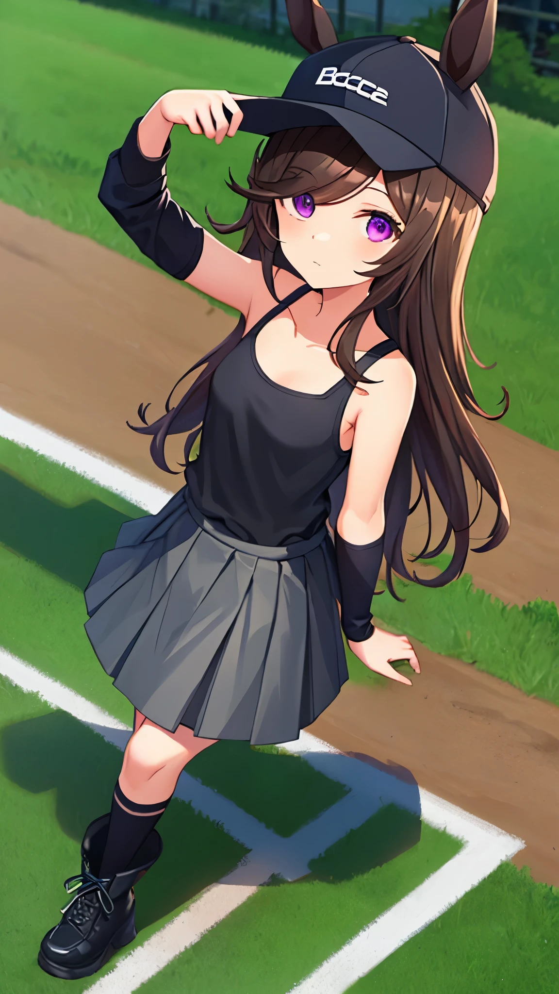 Highquality,1girl,Rice Shower,official alternate costume, baseball cap, ears through headwear, black headwear, hair over one eye, single glove, covered collarbone, black shirt, sleeveless shirt, turtleneck, single long sleeves, grey skirt, pleated skirt, black socks, boots, black footwear