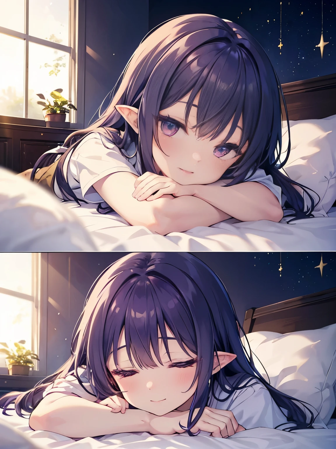 
yuukikonno, Yuki Konno,  long hair, pointy ears, purple hair,(small breasts:1.2), open your mouth,girl sleeping with both eyes closed，smile，Bedroom， windows，romantic starry sky，A meteor crosses,T-shirt,red underwear,sleeping in bed,night,Sleep with your head on the pillow,Sleeping lying on your back in bed,dark room,night, break indoors, Bedroom, break (masterpiece:1.2), highest quality, High resolution, unity 8k wallpaper, (shape:0.8), highly detailed face, perfect lighting, Very detailed CG, (perfect hands, perfect anatomy),