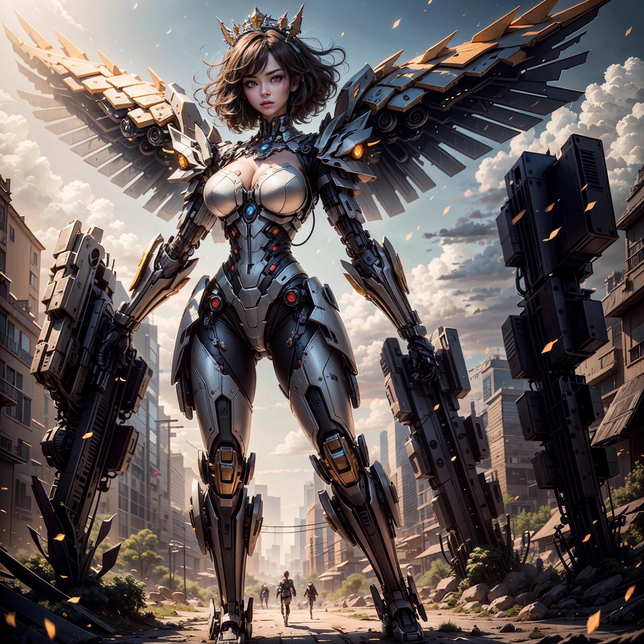(Best Quality)), ((Masterpiece)), (Very Detailed: 1.3), 3D, master chef-mecha, Beautiful cyberpunk woman wearing crown, with master chef style armor, sci-fi technology, HDR (High Dynamic Range), ray tracing, nvidia RTX, super resolution, unreal 5, subsurface scattering, PBR texture, post-processing, anisotropic filtering, depth of field, maximum sharpness and sharpness, multi-layer texture, Specular and albedo mapping, surface shading, accurate simulation of light-material interactions, perfect proportions, octane rendering, duotone lighting, low ISO, red balance, rule of thirds, wide aperture, 8K RAW, high efficiency subpixels, subpixel convolution, light particles, light scattering, Tyndall effect, very sexy, full body, battle pose, silver hair with braids, (gracefully spreads its wings:1.3), (swirling flames:1.4), (glowing ashes:1.3), (eyes glow with ancient wisdom:1.5), (mystical realm:1.3), (sense of enchantment and mystique:1.4), (focus on phoenix's ethereal presence:1.3), (highly detailed), (sharp focus), (photorealistic).(best quality,4k,8k,highres,masterpiece:1.2),ultra-detailed, HDR, 8k, absurdres, cinestill 800, sharp focus, add_detail:2, (solo, woman)