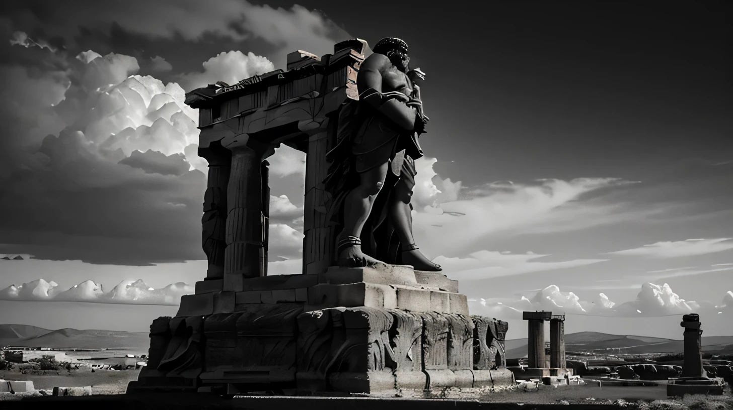 A dark landscape image of an ancient greek society deeply connected to stoicism, black and white, ancient greek architecture, include one single big statue of a stereotypical strong greek man, marcus aurelius