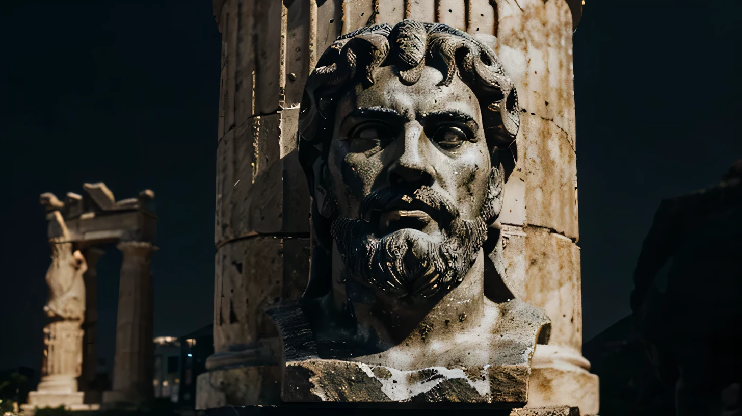 A dark landscape image of an ancient greek society deeply connected to stoicism, black and white, ancient greek architecture, include one single big statue of a stereotypical strong greek man, marcus aurelius