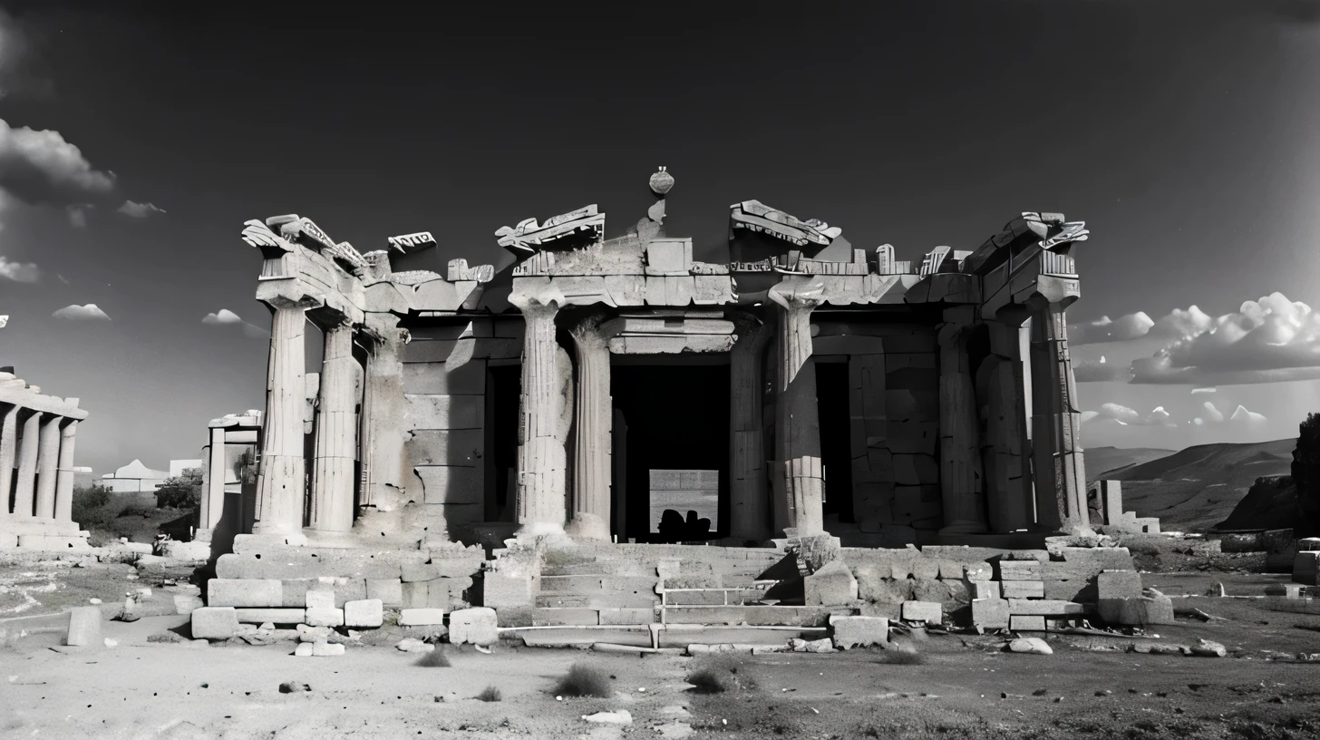 A dark landscape image of an ancient greek society deeply connected to stoicism, black and white, ancient greek architecture, include one single big statue of a stereotypical strong greek man, marcus aurelius