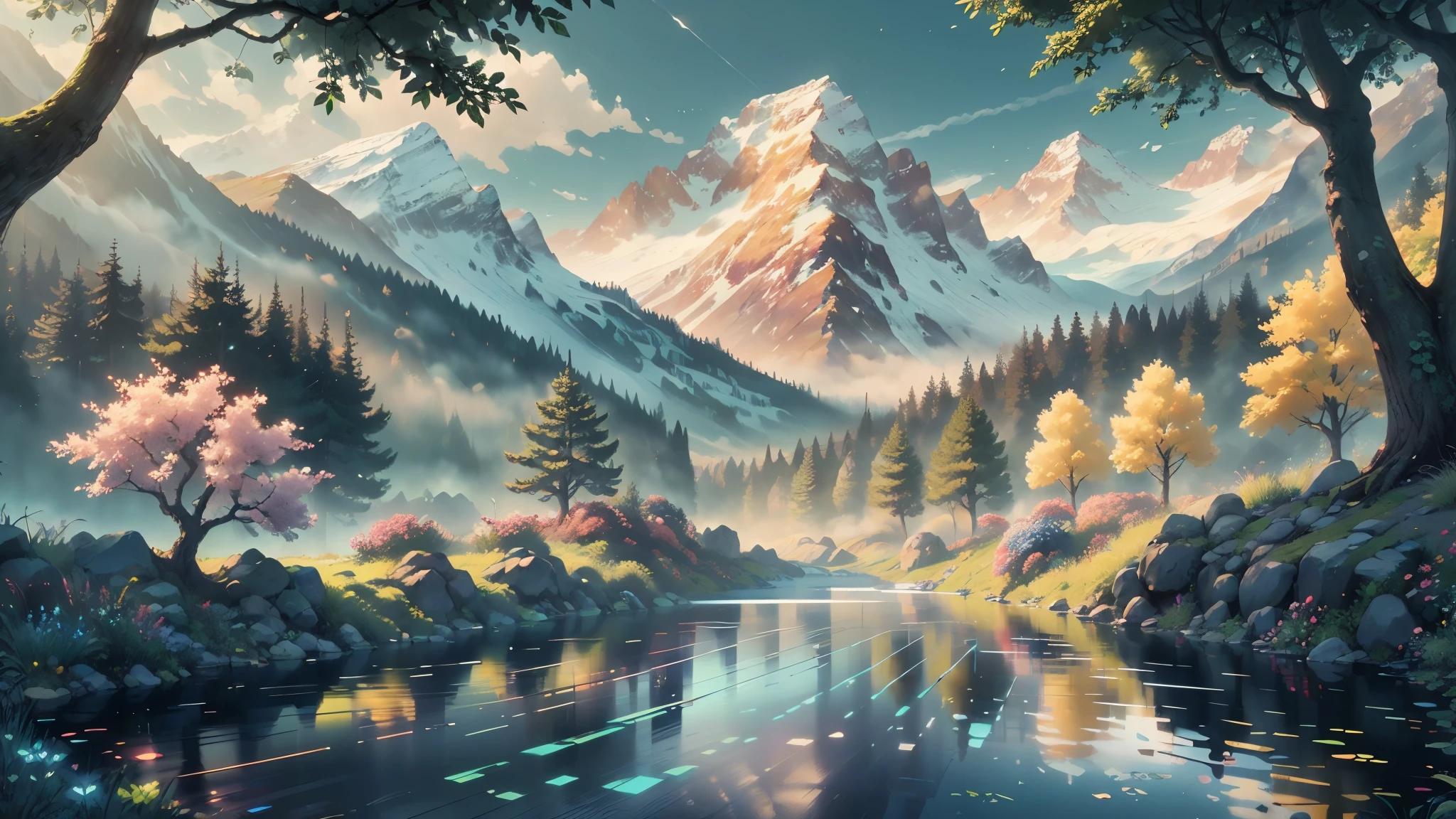 The exquisite beauty of nature:1.1, Realistic, professional, Vivid colors, Soft lighting, Landscapes, Detailed trees, Colorful flowers, flowing river, Majestic mountains, Gentle breeze, Clear blue sky, the sunlight filters through the leaves of the tree, vibrant hues, Natural tranquility, Lush greenery, Realistic textures