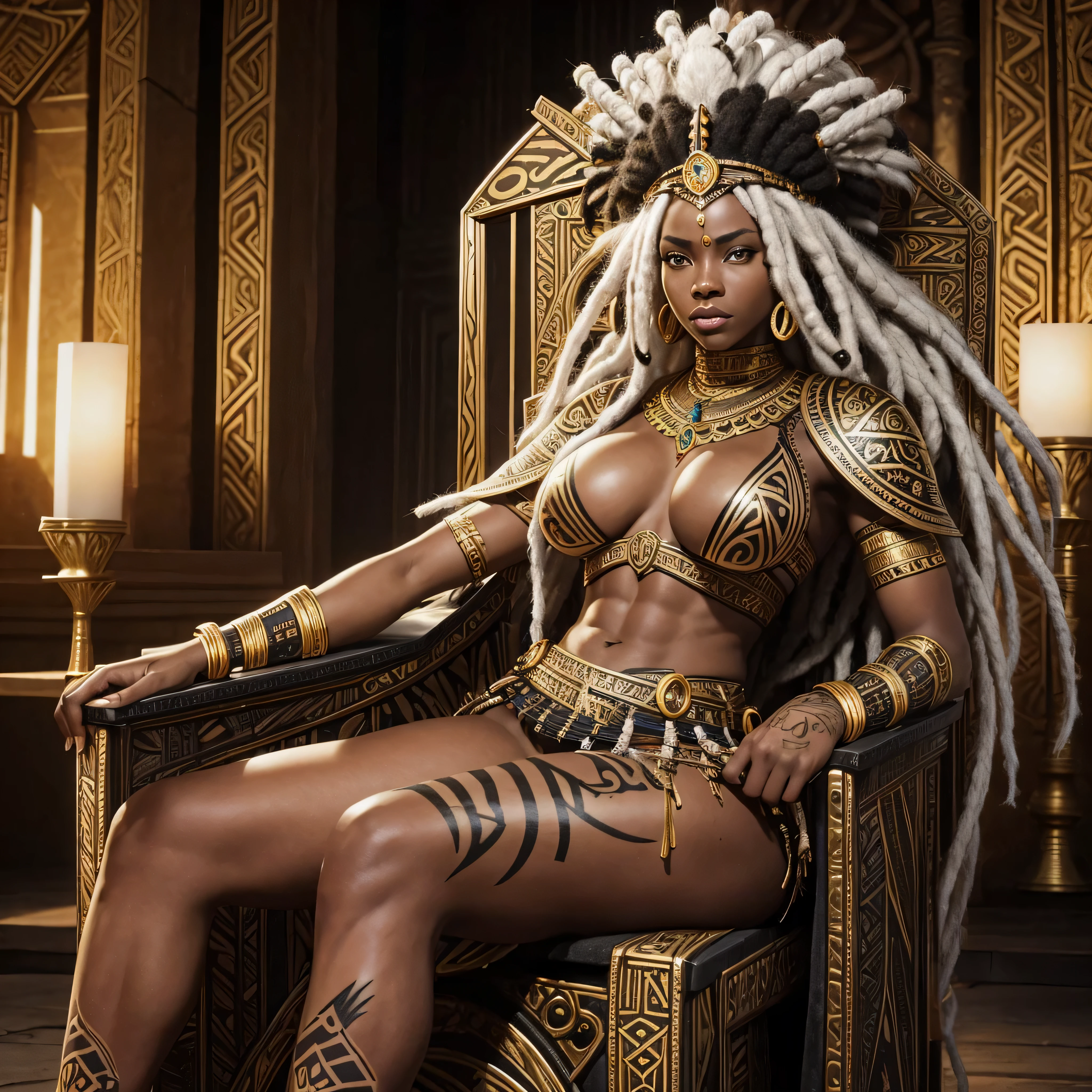 black woman, African warrior tribal clothing, The African Queen, Muscular female body, Big Tits, big ass, dreadlocks, White hair, Amazon, armor, tribal tattoos on body, golden tribal crown, sitting on the throne, inside the castle