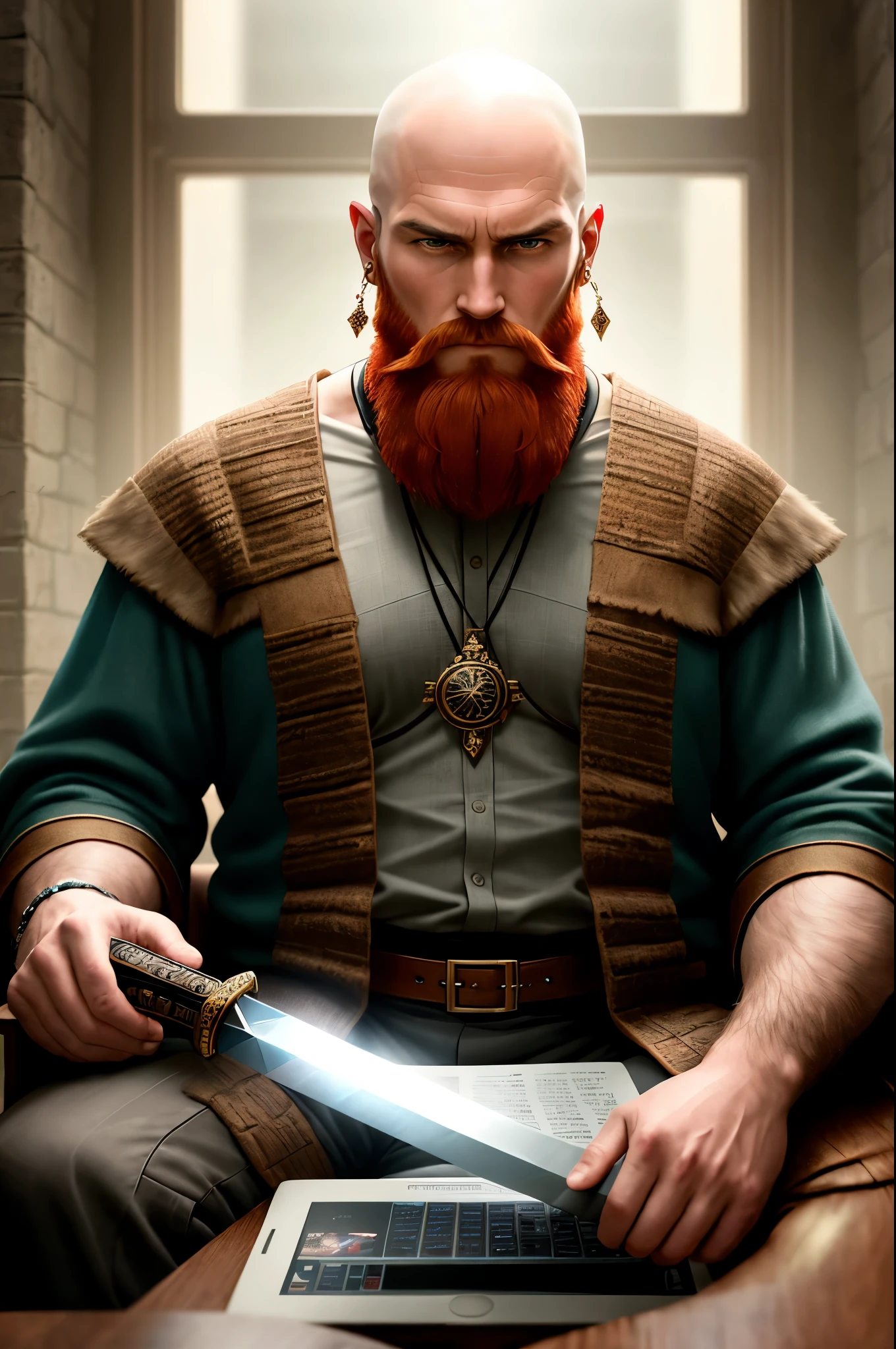 Generate a realistic photo of a character with the following features:

This man is a sage, possessing profound wisdom and vast knowledge that transcends temporal boundaries. He is not just a man, but a magus, a master of the magical arts and the occult. His mind is as sharp as a sword's blade, and he is a skilled hacker, navigating the digital labyrinths of technology with ease, obtaining hidden information and secrets. His age is 38, and he has a shaved head, a grizzled red beard, a piercing in his nostril, and earrings in both ears.

Your image should showcase this wise yet enigmatic man, sitting in a