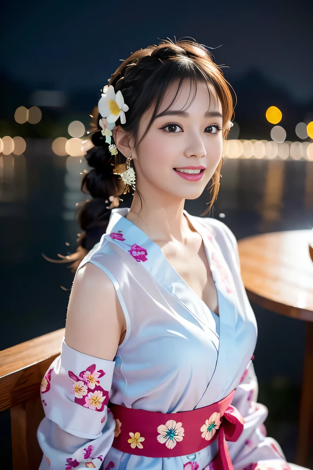 (beautiful mature adult woman),(flower hair ornament,floral braided top knot,twisted side part ponytail,floral braided headband,half up、floral braided space buns,voluminous fishtail braid,Twisted pan,),(The bangs are see-through bangs),very delicate and beautiful hair,(((emphasize the chest:1.3))),(dynamic angle),(dynamic and sexy pose),laughter、Looking back wearing a floral yukata isolated on white background、Fireworks being launched into the sky against the backdrop of the riverbank at night.、cute round face,,(table top,highest quality,Ultra high resolution output image,) ,(8K quality,),(sea art 2 mode.1),(Image mode Ultra HD,)