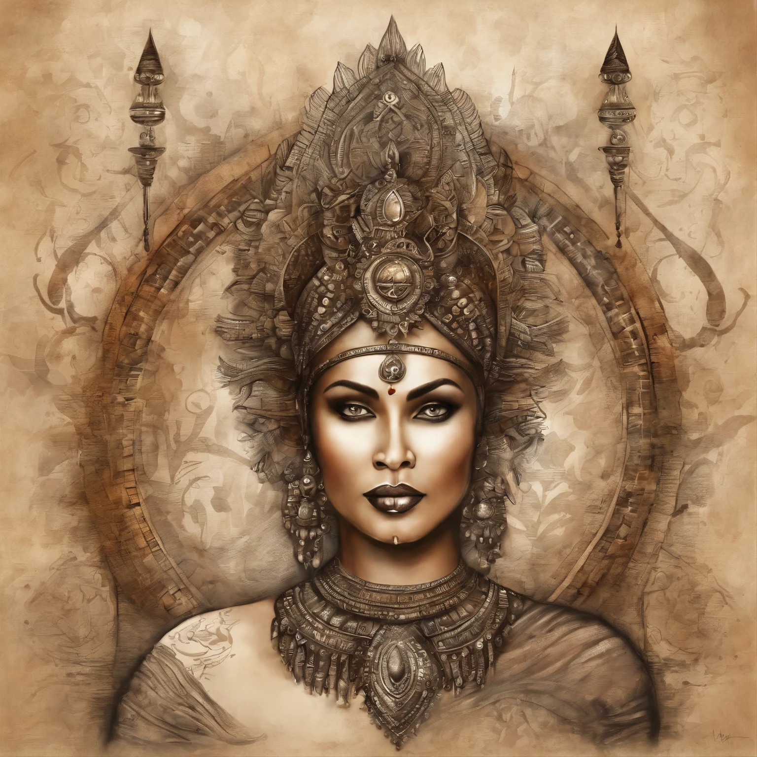 Best quality, Masterpiece, 超高分辨率, (photograph realistic:1.4),brown skinned Indian cybernetic humanoid goddess ,surrealism, Dream-like, fusionart, Indian goddess mystical humanoids, dark ethereal magic, humanoid dream control, cybernetic stealth, shadow step, dark machine spells, crystal razor blad