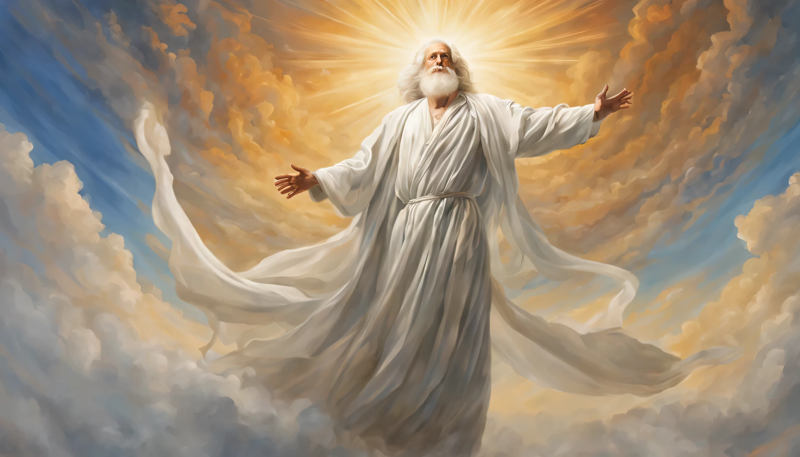 An older biblical figure, is being lifted to heaven by God. The realistic scene depicts a man with an expression of awe and wonder on his face as he climbs. Your flowing robes wave around you, and your outstretched arms reach the sky. His imposing white hair and beard reveal the marks of his advanced age.. The background is a swirl of celestial light, enfatizando a natureza divina do momento. The overall composition is exquisite, capturing the spiritual meaning of his ascension with breathtaking beauty.