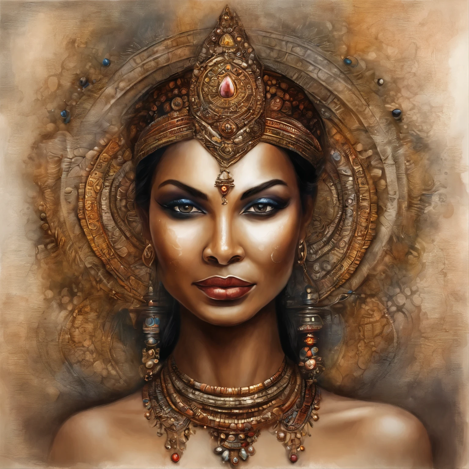 Best quality, Masterpiece, 超高分辨率, (photograph realistic:1.4),brown skinned Indian cybernetic humanoid goddess ,surrealism, Dream-like, fusionart, Indian goddess mystical humanoids, dark ethereal magic, humanoid dream control, cybernetic stealth, shadow step, dark machine spells, crystal razor blad