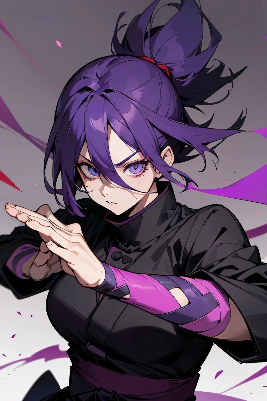 Jujutsu Kaisen art style, Jujutsu Student, Female, Purple hair, Cursed Energy, masterpiece, fight pose, bounty hunter, katana, fix eyes, beutiful eyes, detailed eyes, face