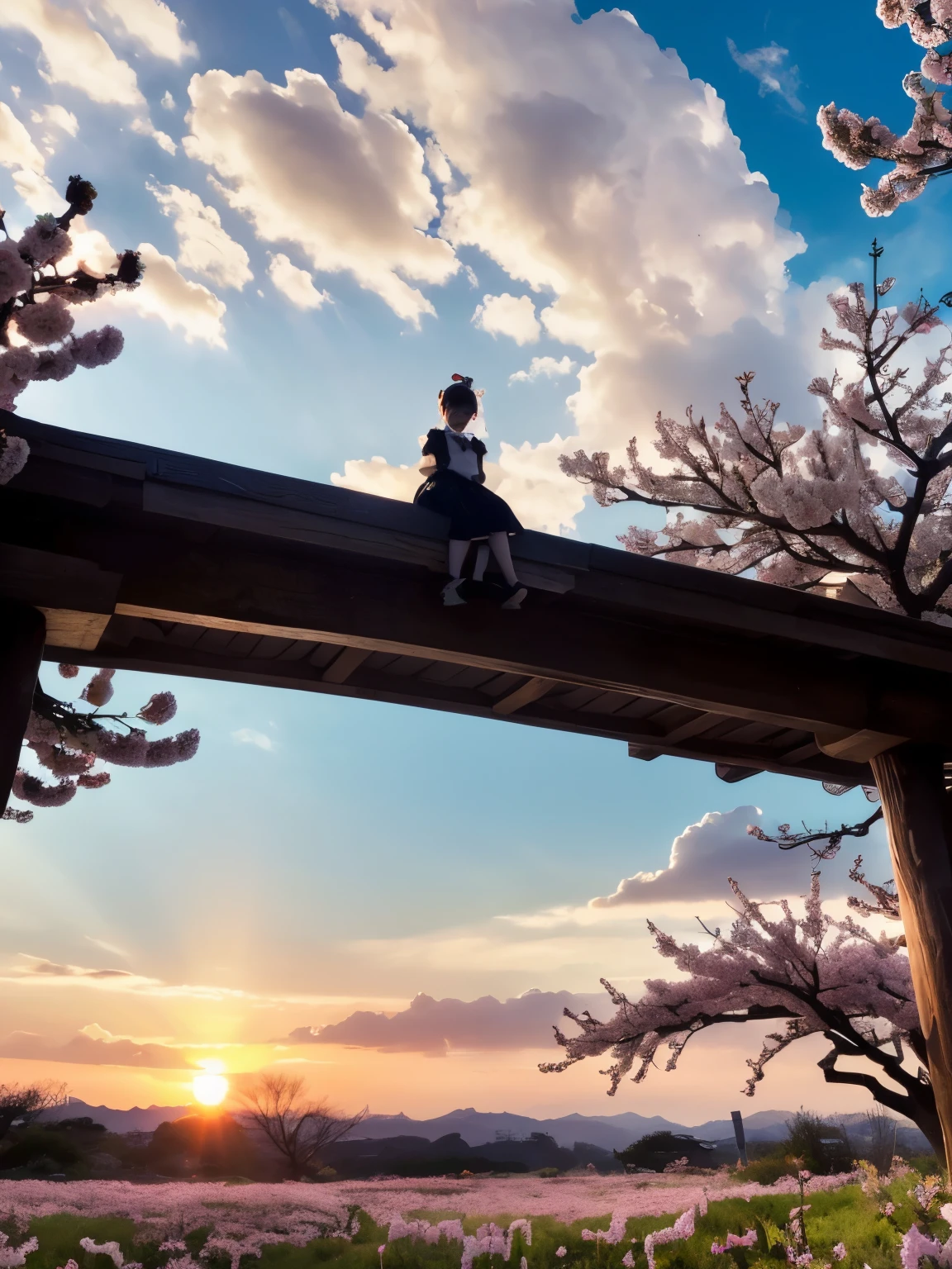(from below:1.6), masterpiece, 4k, to be born, Bokeh, Scenery of plum blossoms in full bloom、gothic&Imagine a beautiful woman dressed in Lolita fashion.。.。, depicted in an artistic and emotionally evocative manner. From cross-dressing, stop temporarily, It is expressed as。, Telling the story and emotions hidden inside her. moreover, Scenery of plum blossoms in full bloomを優美で幻想的な色彩で表現, Makes you feel the change of seasons and the flow of time. Imagine what emotions this scene evokes in the viewer, I will tell you its charm.,(japanese idol:1.6), looking at the viewer, (sunset:1.4), beautiful sky and clouds,