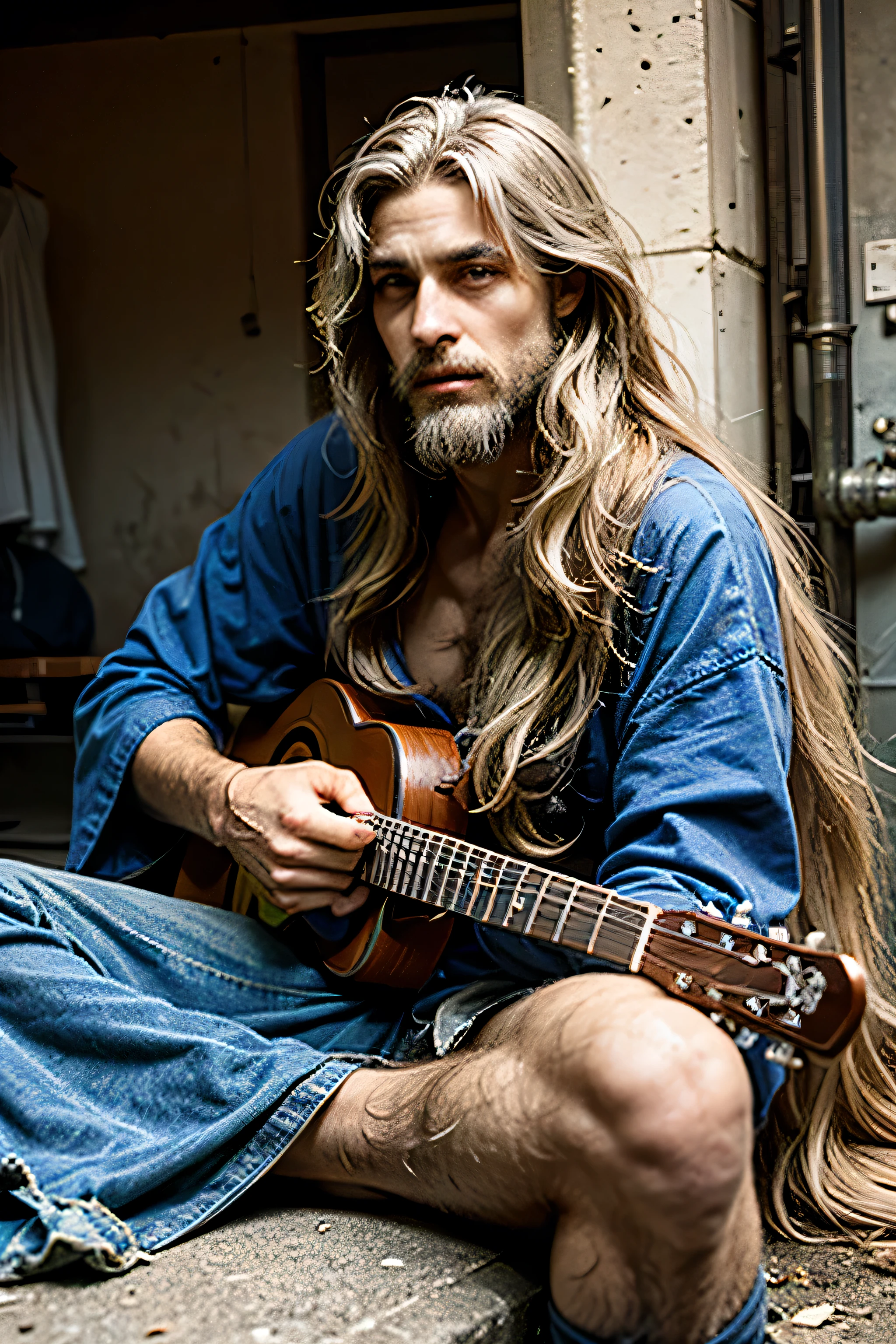 Crie um mendigo com um rosto lindo, cabelos longos e barba, muito desleixado e sujo, com roupas bem usadas, not very strong with a guitar.
