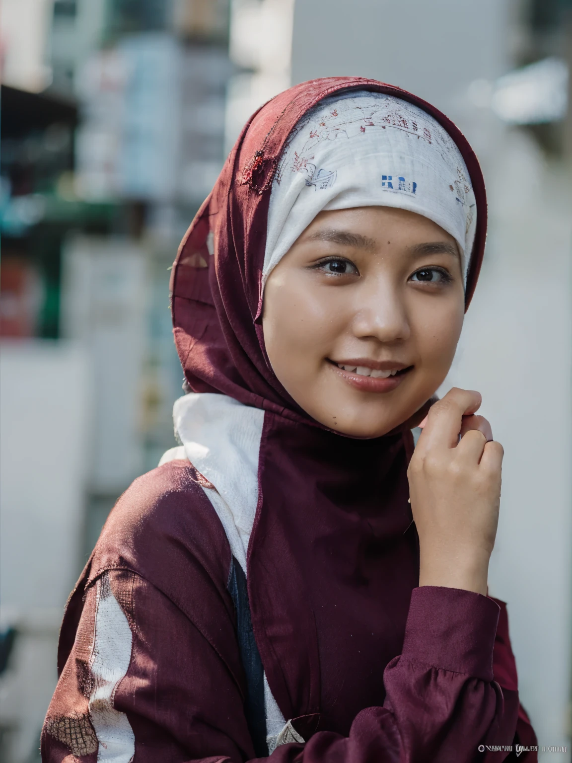 Beauty woman 30 years old from indonesia, wearing hijab and muslim wear. Smile and show two fingers