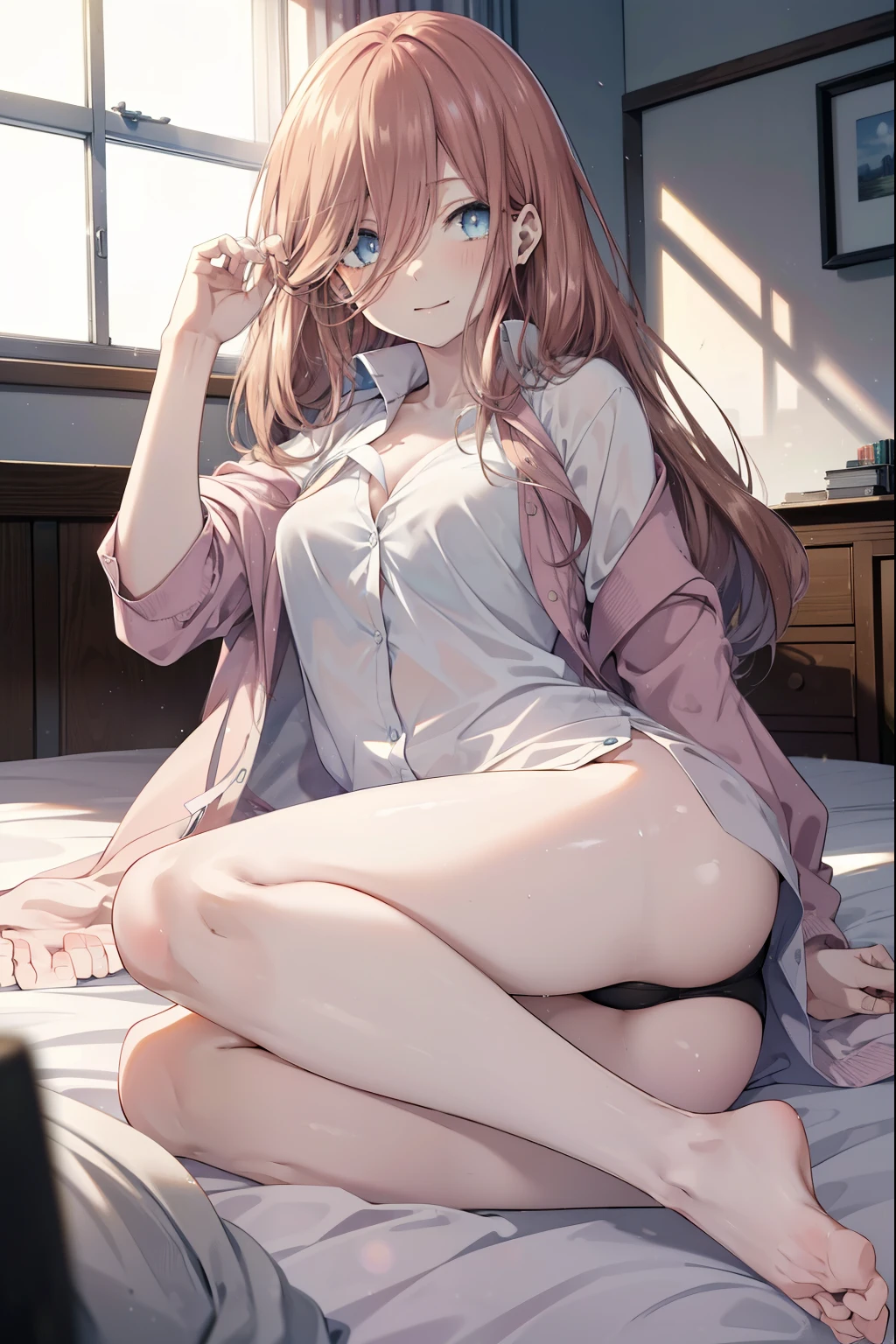 miku nakano, Nakano Miku Ticket III, long hair, bangs, blue eyes, brown hair, hair between eyes, wake up,sleepy,Slightly open big shirt,black string underwear,barefoot,smile,Bedroom,light goes out, covered with a blanket, windows,ロマンチックなmorning日,morning,extreme light,
break indoors, Bedroom,
break (masterpiece:1.2), highest quality, High resolution, unity 8k wallpaper, (shape:0.8), (beautiful and detailed eyes:1.6), highly detailed face, perfect lighting, Very detailed CG, (perfect hands, perfect anatomy),
