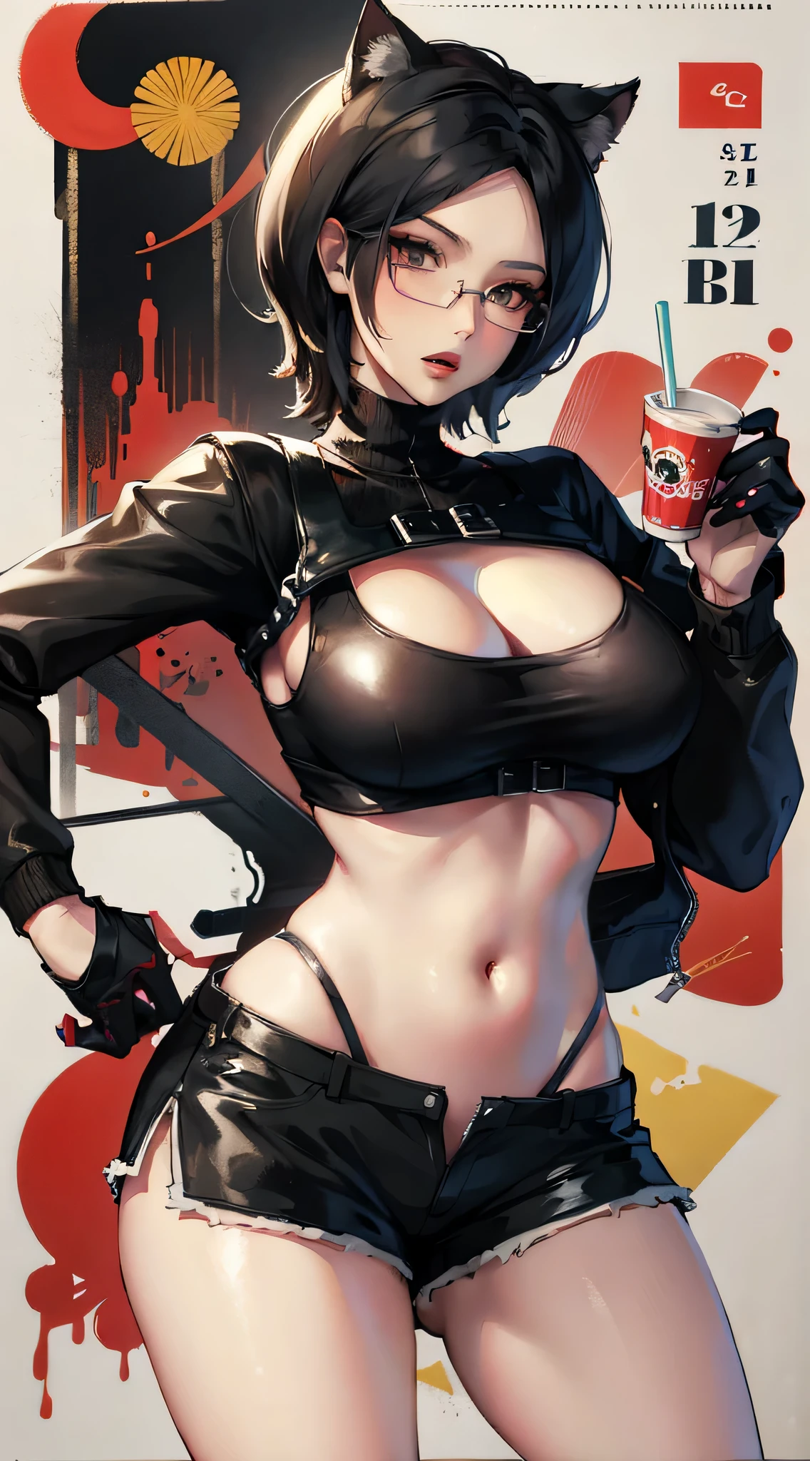 RE4Ada,Fleshy thighs,Poster publicity style,poster background,C cup,wears glasses,Ultra shorts,milk tea, cats,