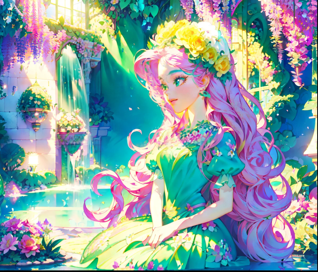 Fluttershy, fluttershy from equestria girls, fluttershy in the form of a young woman, lush breast, (pink long wavy hair), soft shy smile, flowers, butterflies, (top quality, masterpiece, ultra-realistic), ((indoor in a green botanical garden:1.5)), dome, lots of flowers, dense mass plants, ((the background landscape is a garden with petals)), Dahlia peony flowers everywhere, turquoise eyes, turquoise eyeshadow, ((green dress with butterflies patterns on it)), butterfly hair clip, detailed lighting, sunlight, ((yellow pure light)), sitting, heavenly plants, hanging flower pots, pink and green flowers everywhere, flower crown, green glass dome, extremely long hair, (light yellow skin 1.5), yellow pony ears, golden lighting, LAVENDER FLOWER EVERYWHERE, LILAC FLOWERS EVERYWHERE, pink roses everywhere, PINK HAIR PINK HAIR PINK HAIR, ((WATER FALLS)), so much foliage:1.5, bushes full of flowers