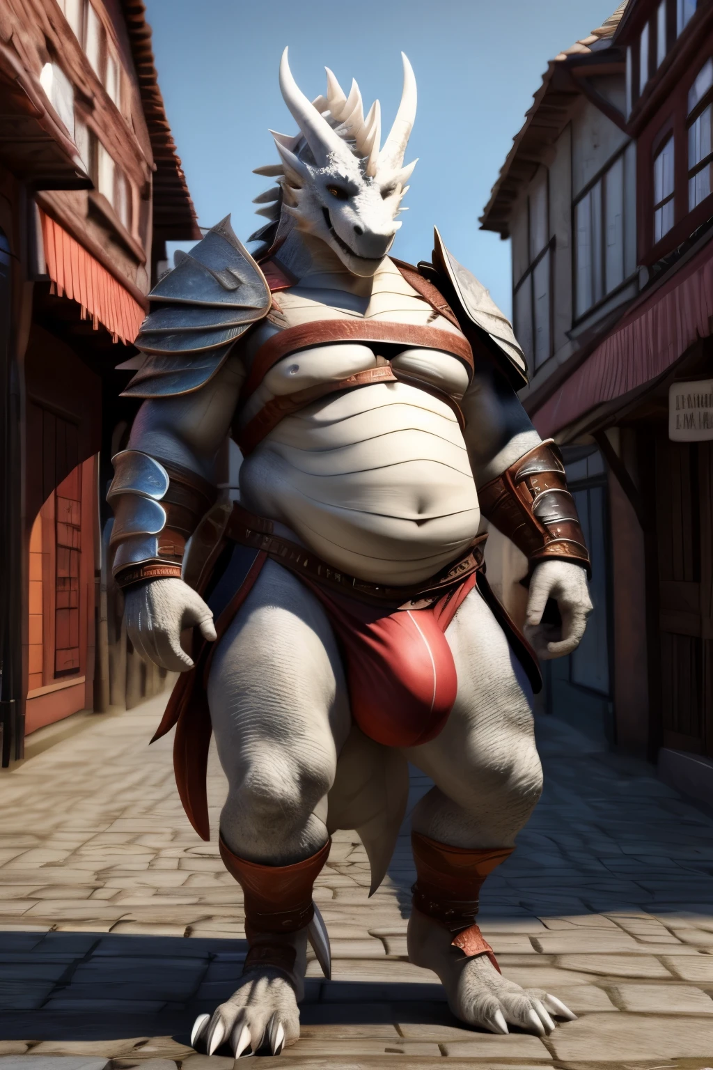 ((best quality)), ((masterpiece)), (detailed),perfect face, white dragon, chubby, warrior, skimpy armor, big bulge, standing, town, talking with shopkeeper