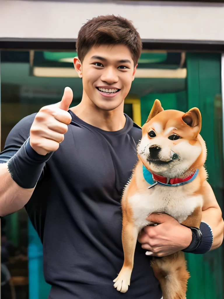 professional photos of [(((Buff Swoledoge))):Buff Swoledoge:8], cute  shiba inu，A manly macho man giving a thumbs up or petting a brown Shiba Inu，lift the dog，skinhead macho，Realistic Shiba Inu