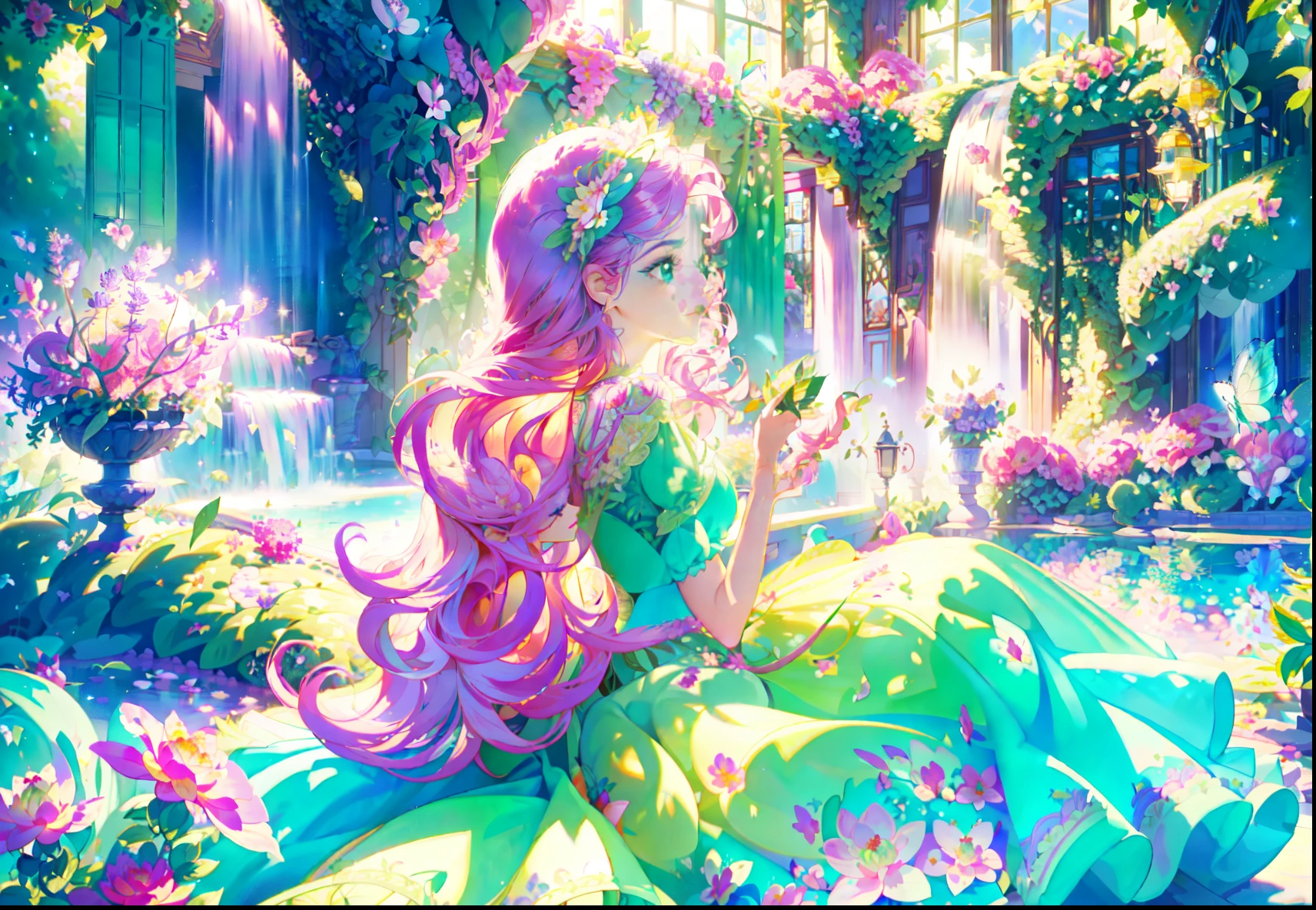 Fluttershy, fluttershy from equestria girls, fluttershy in the form of a young woman, lush breast, (pink long wavy hair), soft shy smile, flowers, butterflies, (top quality, masterpiece, ultra-realistic), ((indoor in a green botanical garden:1.5)), dome, lots of flowers, dense mass plants, ((the background landscape is a garden with petals)), Dahlia peony flowers everywhere, turquoise eyes, turquoise eyeshadow, ((green dress with butterflies patterns on it)), butterfly hair clip, detailed lighting, sunlight, ((yellow pure light)), sitting, heavenly plants, hanging flower pots, pink and green flowers everywhere, flower crown, green glass dome, extremely long hair, (light yellow skin 1.5), yellow pony ears, golden lighting, LAVENDER FLOWER EVERYWHERE, LILAC FLOWERS EVERYWHERE, pink roses everywhere, PINK HAIR PINK HAIR PINK HAIR, ((WATER FALLS)), so much foliage:1.5, bushes full of flowers