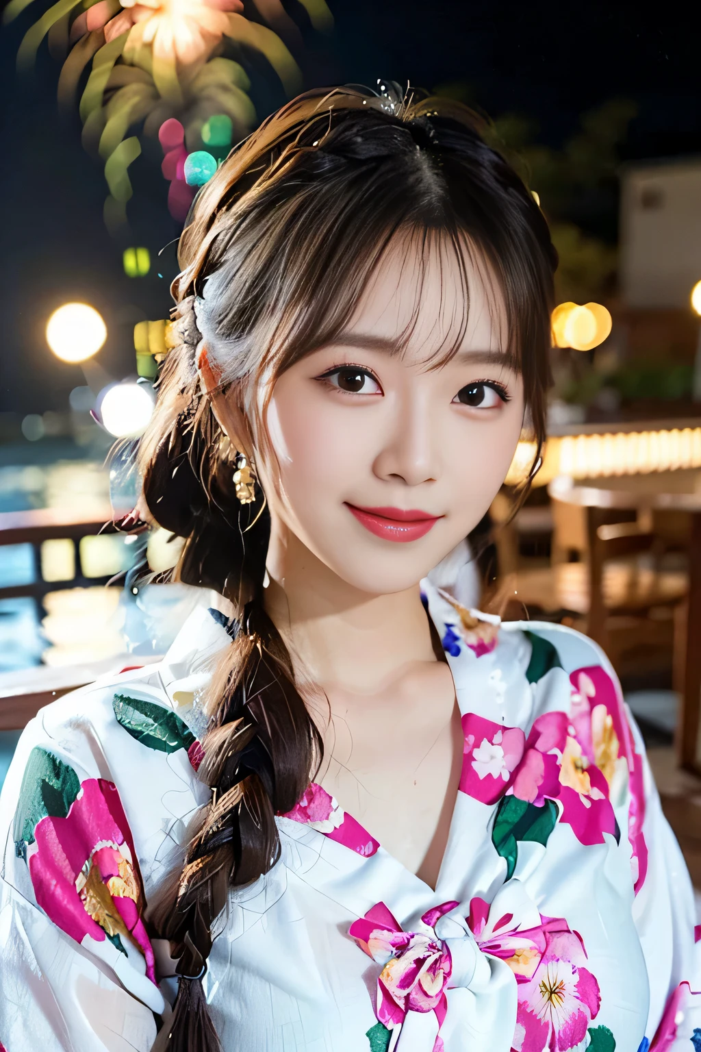 table top, highest quality, shape, Super detailed, finely, High resolution, 16k, perfect dynamic composition, straight hair, medium hair, brown hair,natural color lip, smile, 20歳のgirl、cute、beautiful、完璧でbeautiful顔, beautiful and detailed face, slim face and body, Elegant face, KPOP idol face、Japanese idol faces、small face、Big eyes, brown eyes, droopy eyes, 緻密でbeautiful目, girl,yukata, Summer festival, Vibrant festival lights and lanterns, hairpin and flowers, night