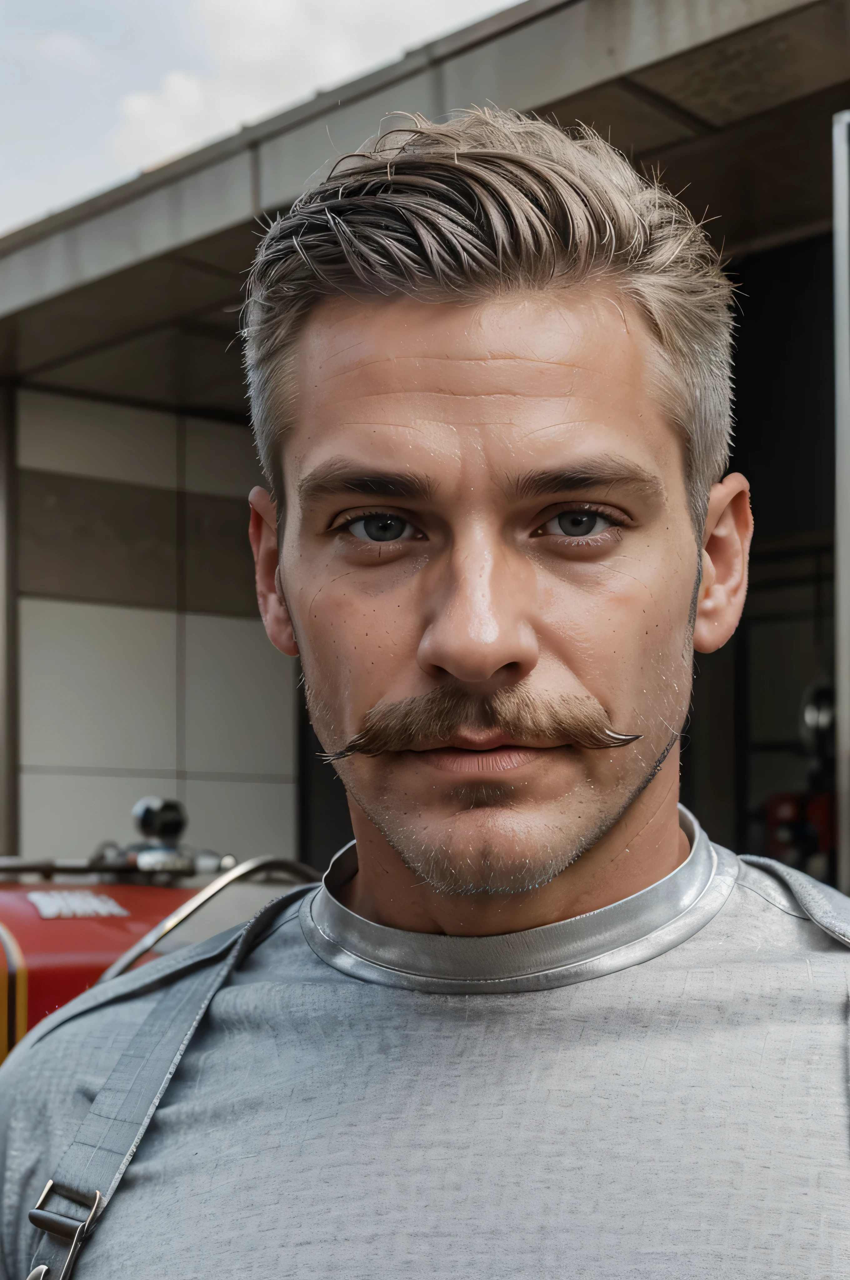 masterpiece, best quality, high resolution, closeup portrait, male focus with laptop, room focus, A man, 50 years old, with firefighter uniform, firefighter suit, firefighter, bleached blonde silver hair, messy short hairstyle, cute and seductive face, bare chest, body hair, facial hair, facial hair unshaved, roman nose, very skinny body, hairy legs, dimples, medium beard, mustache, bold jawline , in the background a fire station, view from below, amazing composition, front view, HDR, ultra quality, elegant, highly detailed