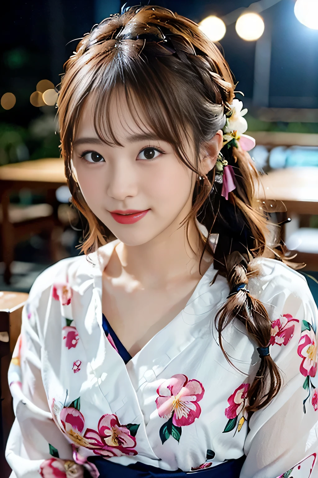 (beautiful mature adult woman),(flower hair ornament,floral braided top knot,twisted side part ponytail,floral braided headband,half up、floral braided space buns,voluminous fishtail braid,Twisted pan,),(The bangs are see-through bangs),very delicate and beautiful hair,(((emphasize the chest:1.3))),(dynamic angle),(dynamic and sexy pose),laughter、Looking back wearing a floral yukata isolated on white background、Fireworks being launched into the sky against the backdrop of the riverbank at night.、cute round face,big breasts,(table top,highest quality,Ultra high resolution output image,) ,(8K quality,),(sea art 2 mode.1),(Image mode Ultra HD,)