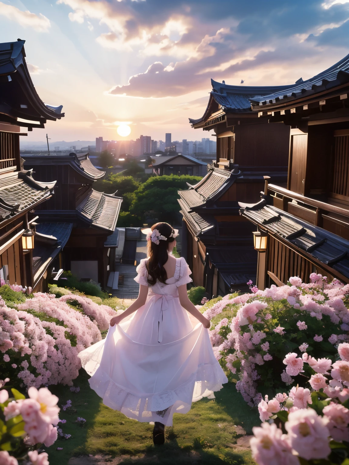 (from below:1.6), masterpiece, 4k, to be born, Bokeh, Scenery of plum blossoms in full bloom、gothic&Imagine a beautiful woman dressed in ta fashion.。.。, depicted in an artistic and emotionally evocative manner. From cross-dressing, stop temporarily, It is expressed as。, Telling the story and emotions hidden inside her. moreover, Scenery of plum blossoms in full bloomを優美で幻想的な色彩で表現, Makes you feel the change of seasons and the flow of time. Imagine what emotions this scene evokes in the viewer, I will tell you its charm.,(japanese idol:1.6), looking at the viewer, (sunset:1.4), beautiful sky and clouds,