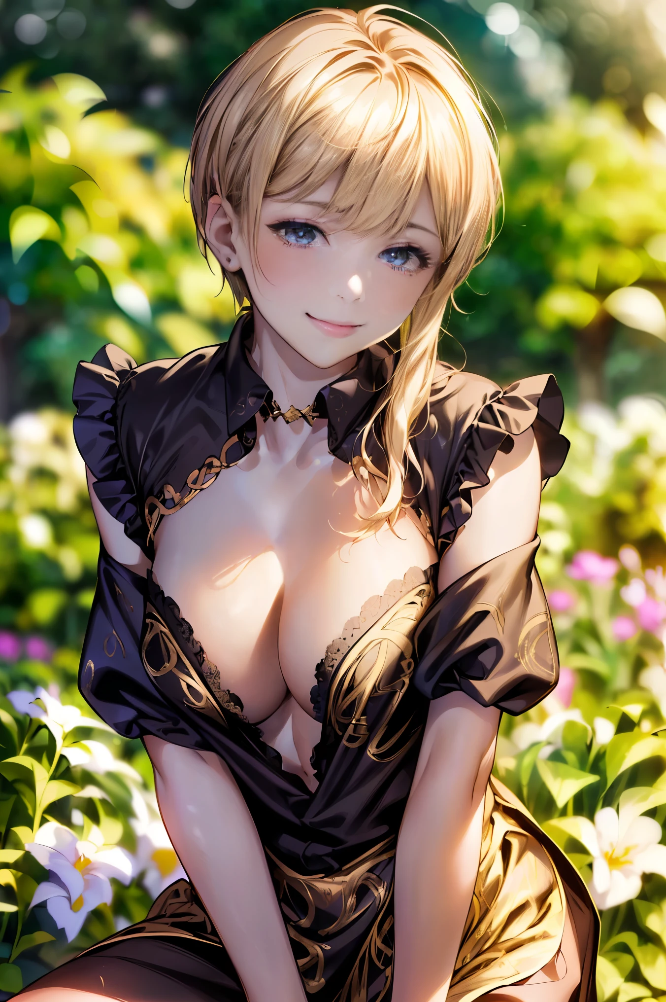 ((highest quality、8k、masterpiece、realistic:1.4、fine-grained、beautiful and detailed)), (gold foil, intricate paisley pattern, Delicate finish, (Black fabric:1.4), maid dress:1.5), (pixie cut, beautiful hairstyle, platinum blonde hair:1.5)、clear, fine-grained肌、beautiful clear eyes、(cleavage)、Carefree and natural smile、(My hair was messed up by the wind:1.3)、beautiful girl with a smile、(in the garden:1.4)、bright sunlight 、(thin waist:1.3)、(Dynamic and provocative pose:1.2)、(buckshot), perfect anatomy, perfect anatomy, Symmetrical costumes, medium breasts:1.3
