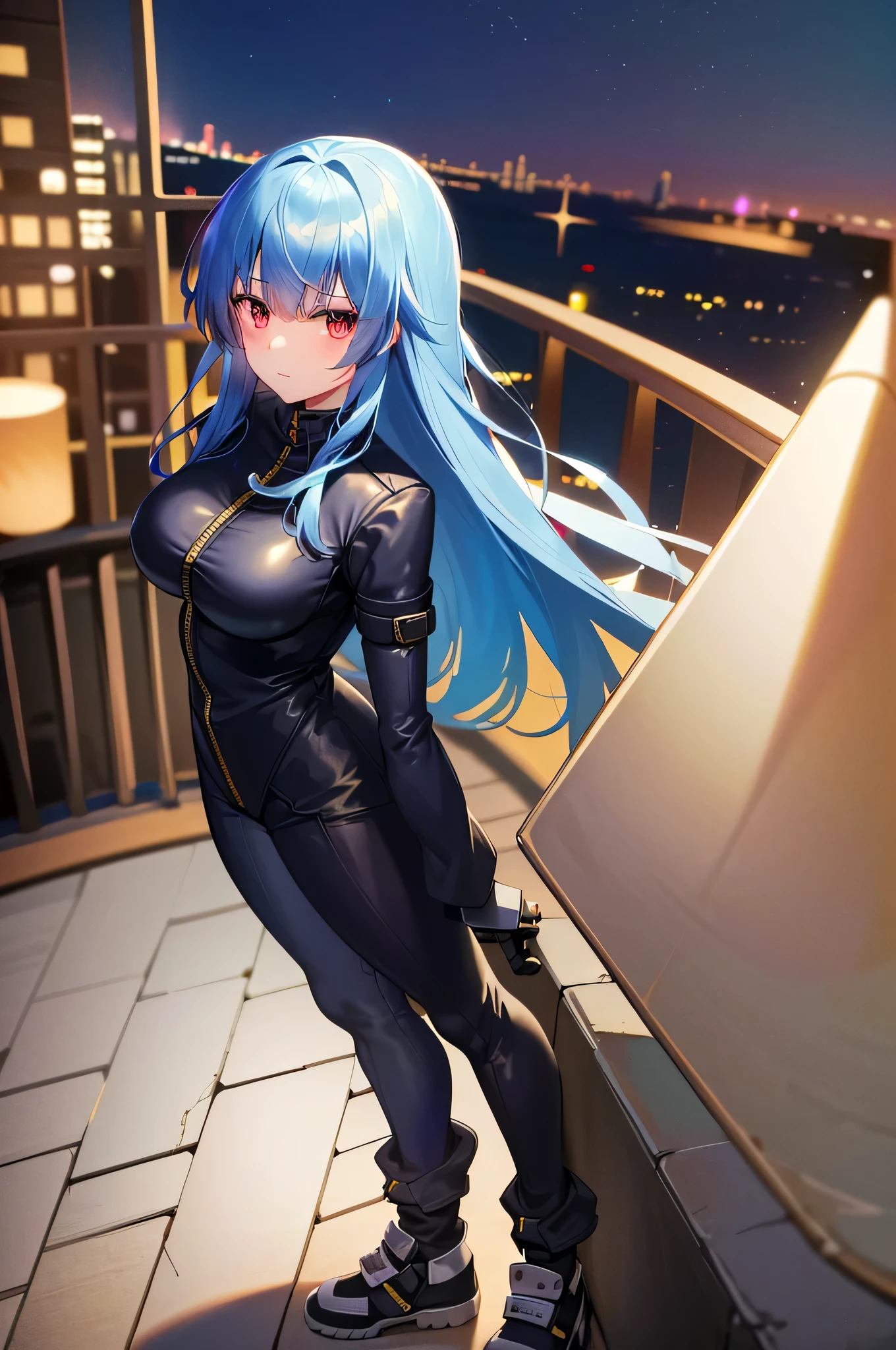 ((ultra detailed, masterpiece, absurdres))
 KOFKulaD, 1girl, long hair, blue hair, red eyes, bangs,bodysuit, gloves, zipper, overlooking the city from a rooftop bar at night, chic outfit, standing